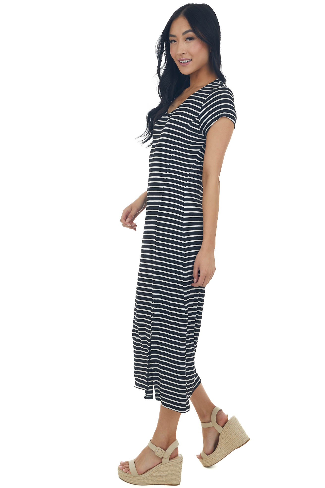 Black and Pearl Striped Side Slit Midi Dress