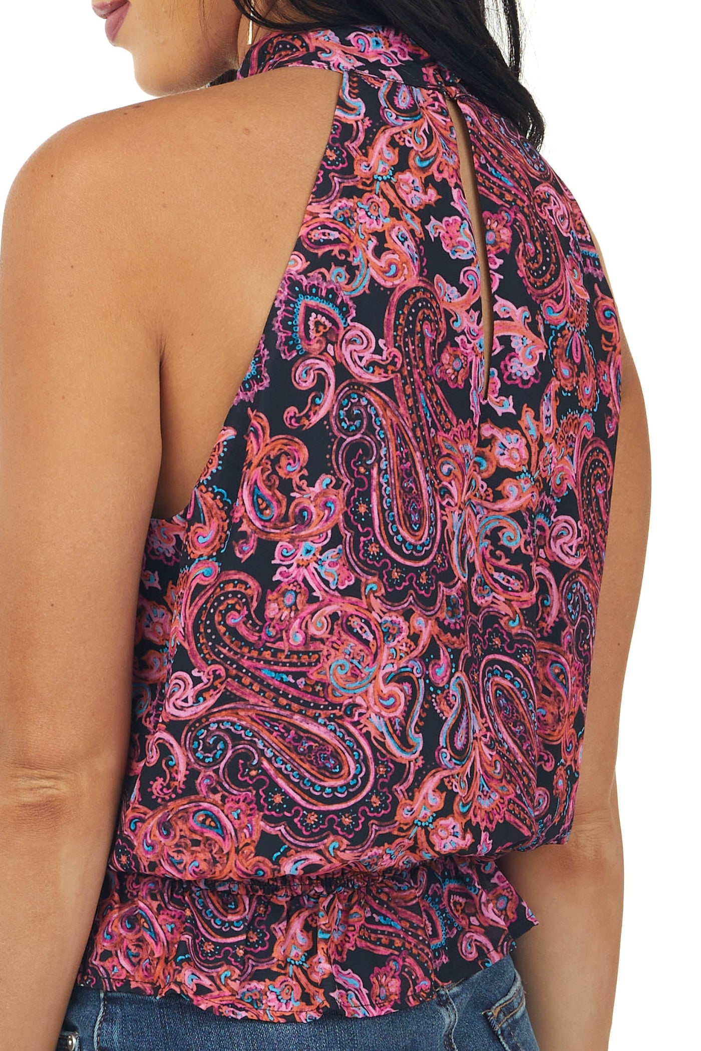 Black and Punch Paisley Halter Neck Blouse