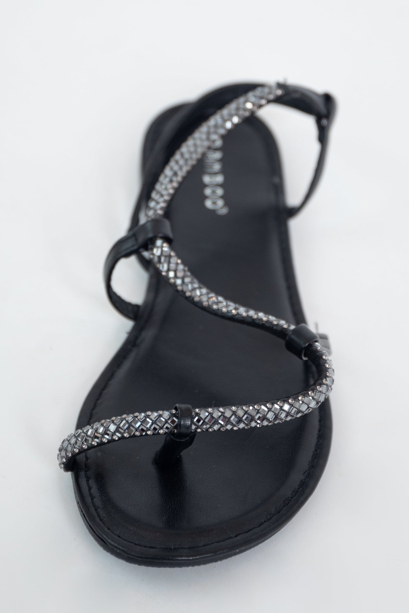 Black Asymmetrical Rhinestone Sling Back Sandal