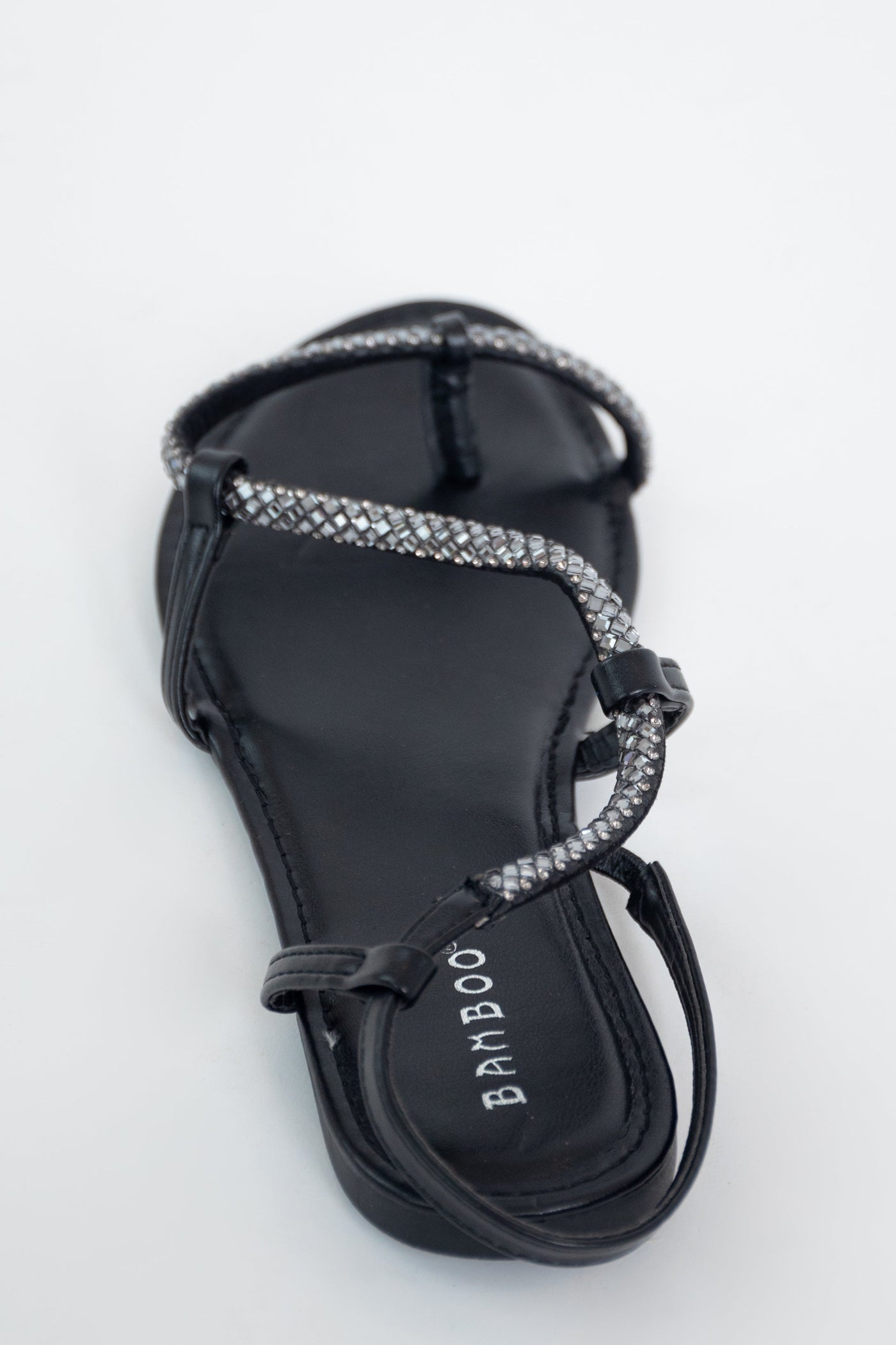 Black Asymmetrical Rhinestone Sling Back Sandal