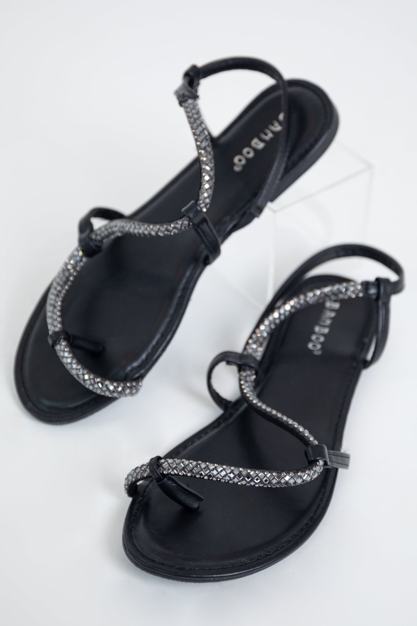 Black Asymmetrical Rhinestone Sling Back Sandal