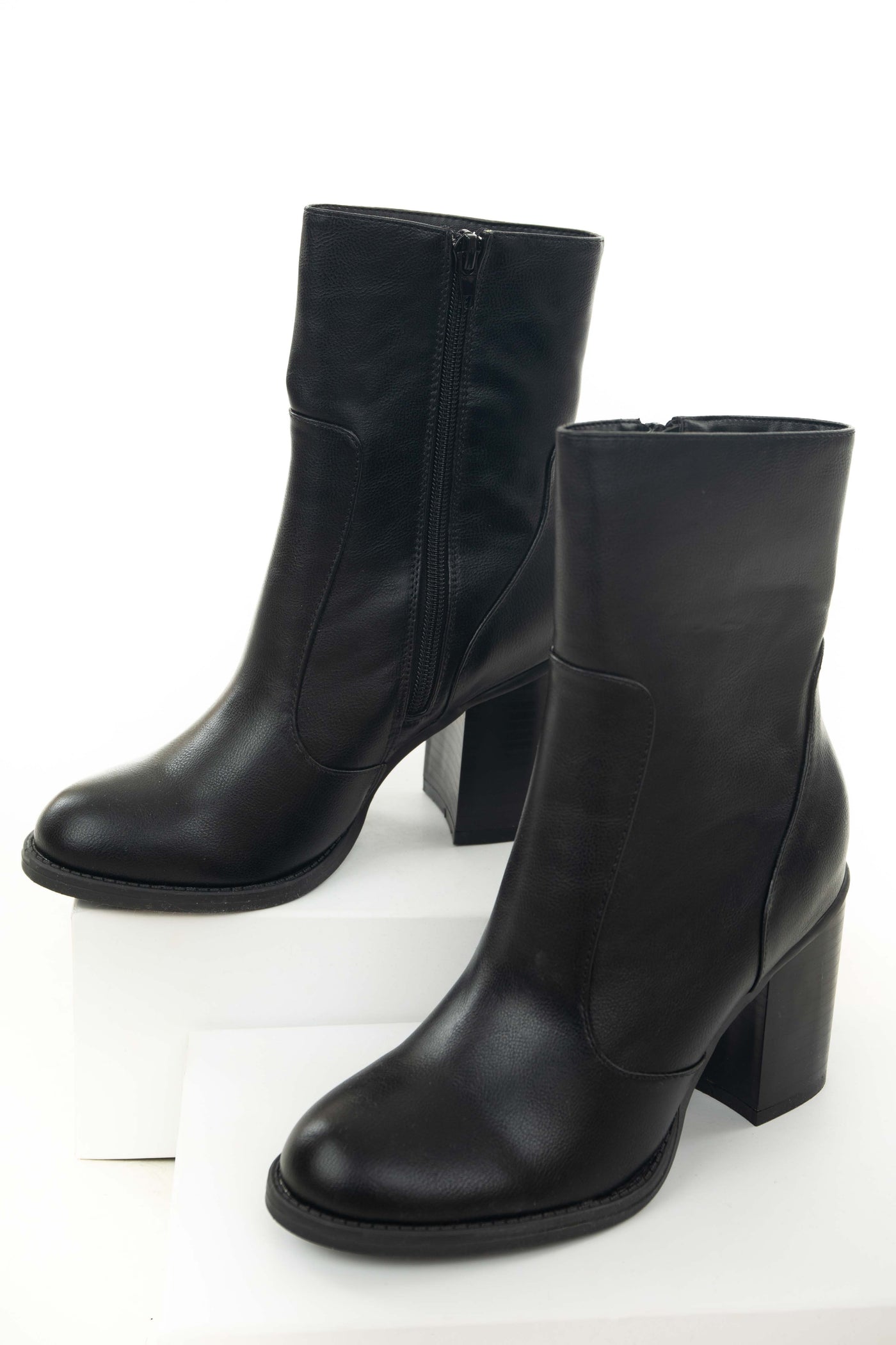 Black Block Heel Rounded Toe Mid Calf Boots