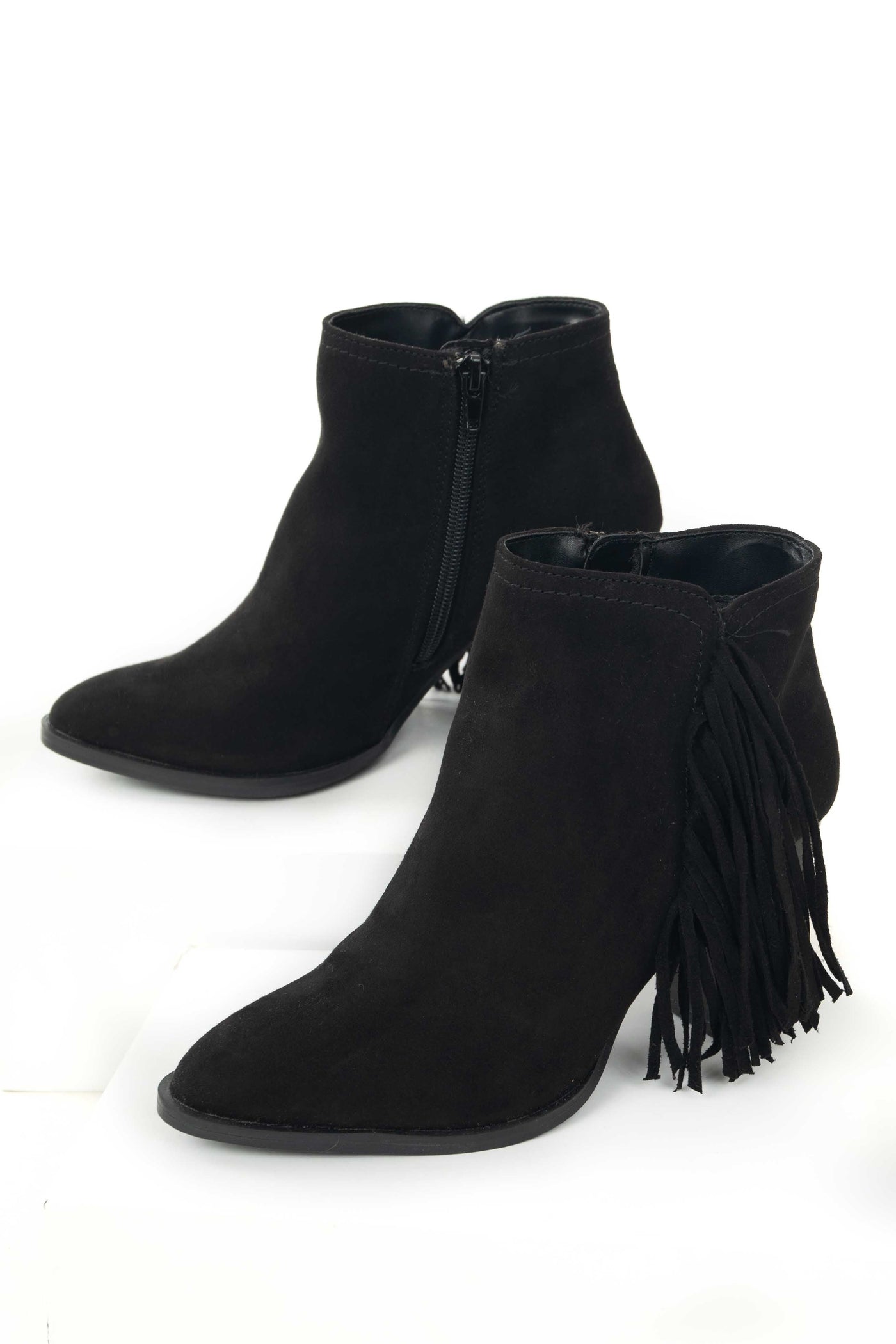 Black Chunky Heel Faux Suede Booties with Tassels