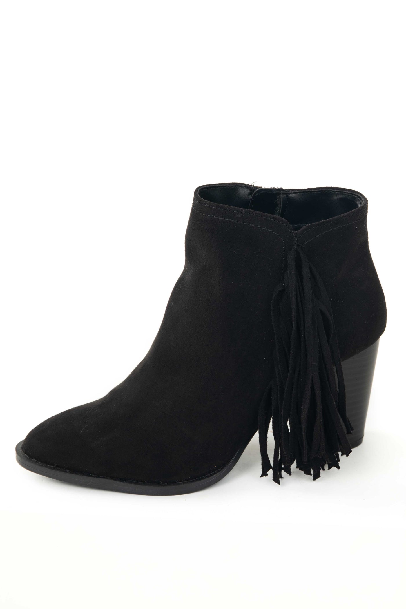 Black Chunky Heel Faux Suede Booties with Tassels