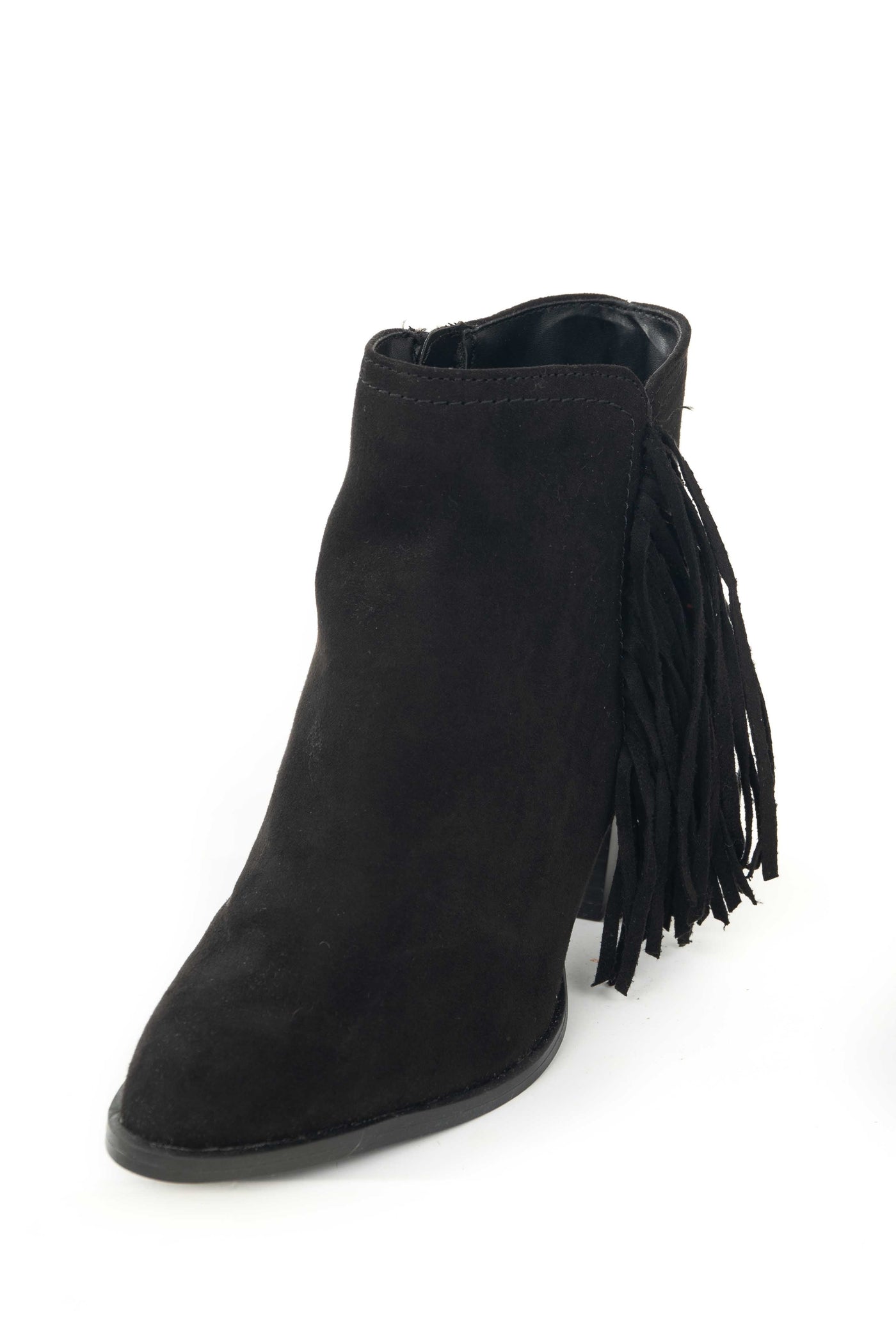 Black Chunky Heel Faux Suede Booties with Tassels