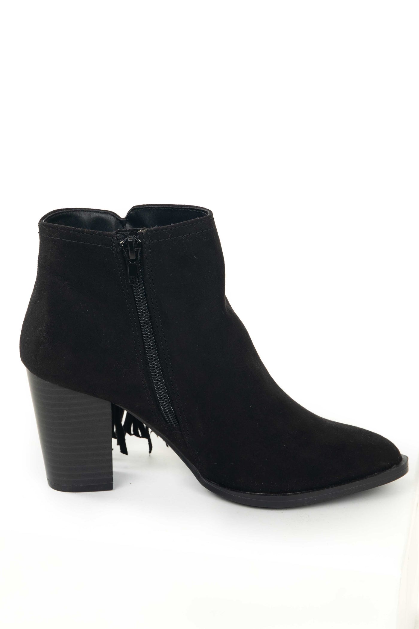 Black Chunky Heel Faux Suede Booties with Tassels