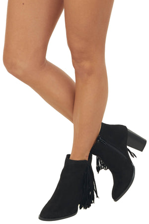 Black Chunky Heel Faux Suede Booties with Tassels