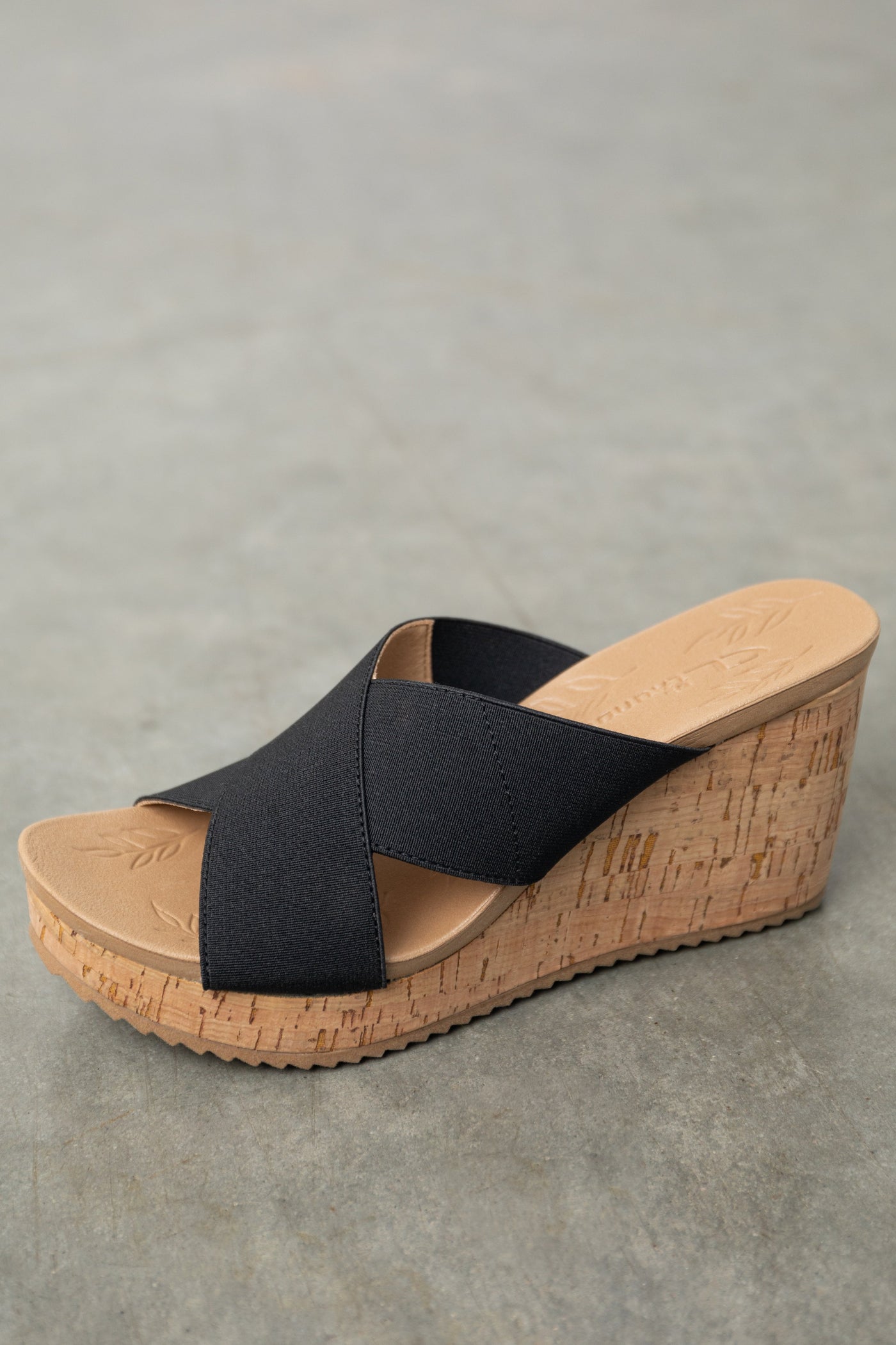 Black Criss Cross Strap Cork Wedge Heels