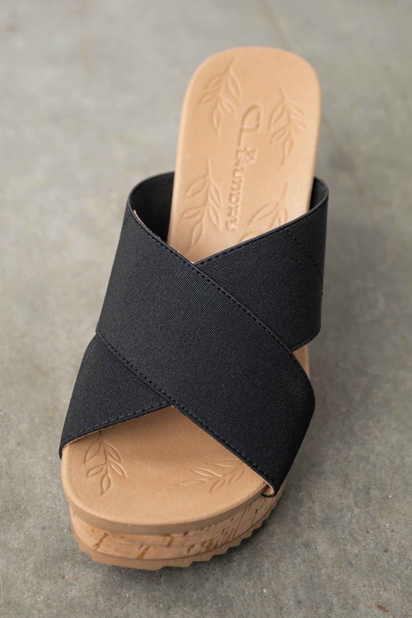 Black Criss Cross Strap Cork Wedge Heels