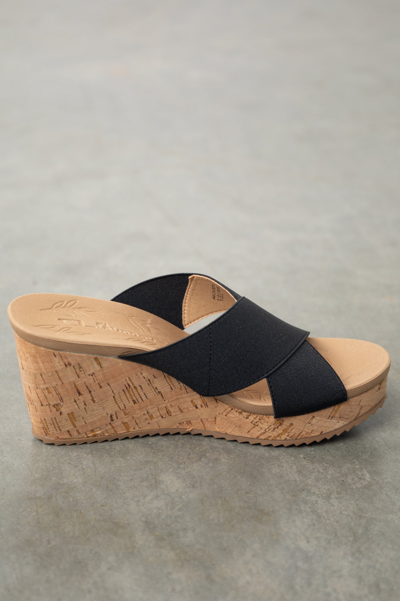 Black Criss Cross Strap Cork Wedge Heels