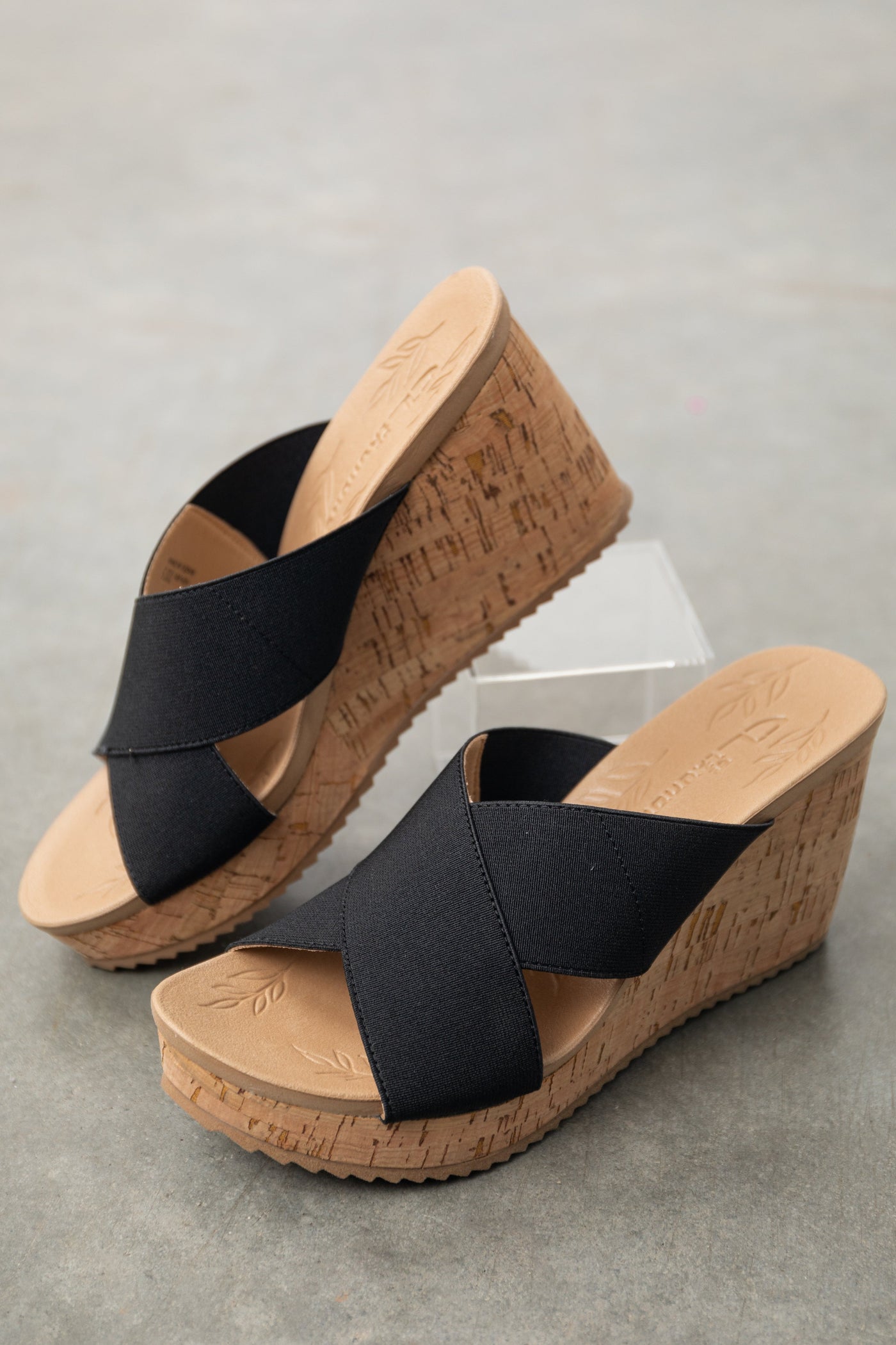 Black Criss Cross Strap Cork Wedge Heels