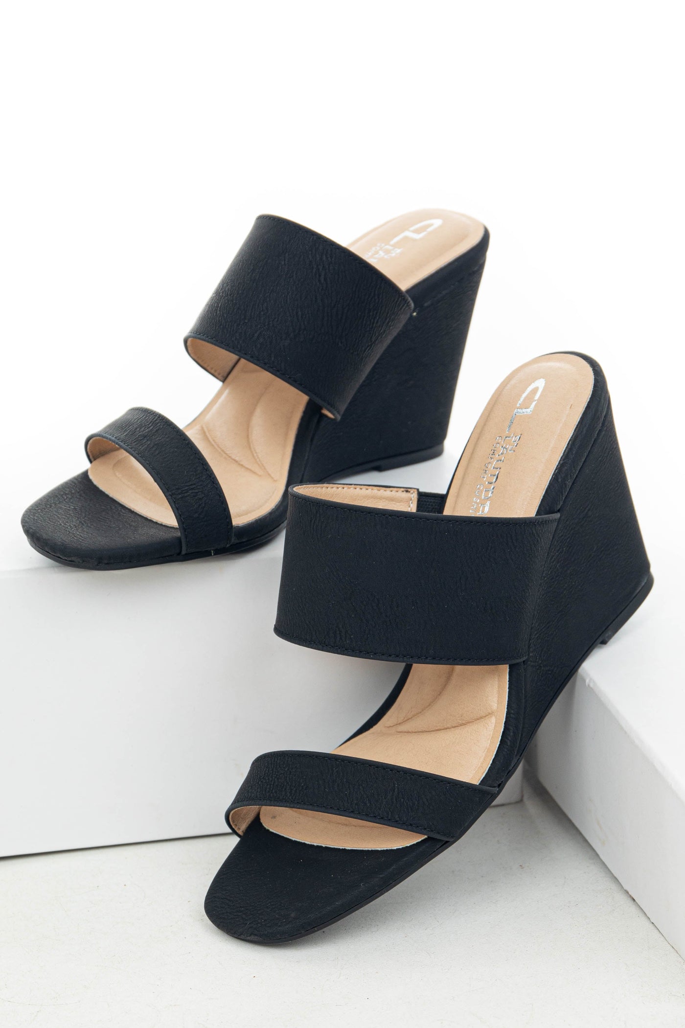 Black Double Strap Slip On Cushioned Wedges