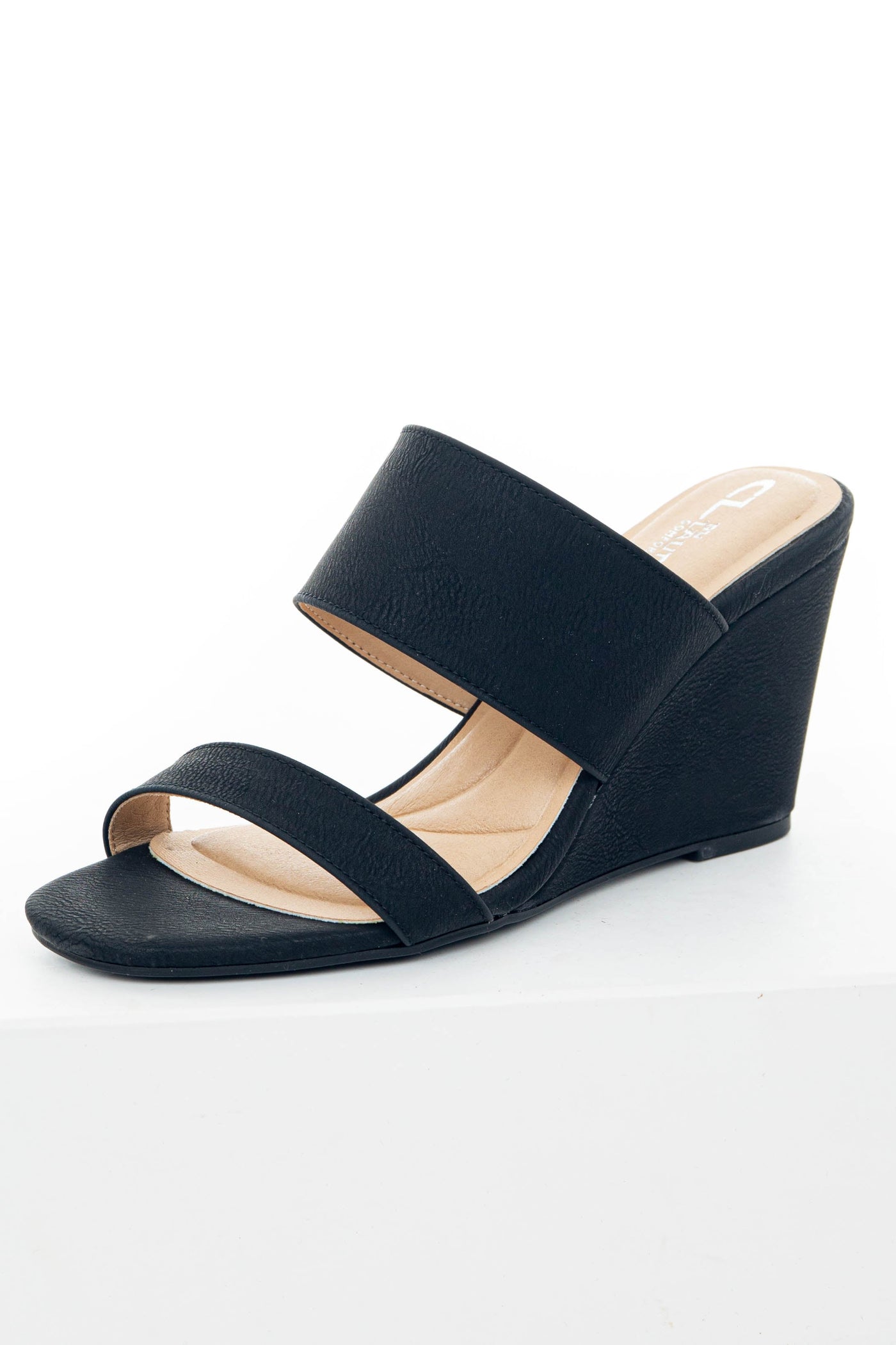 Black Double Strap Slip On Cushioned Wedges