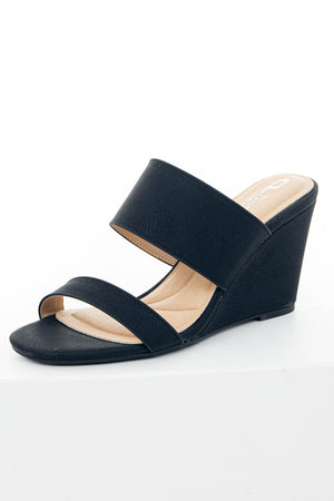Black Double Strap Slip On Cushioned Wedges
