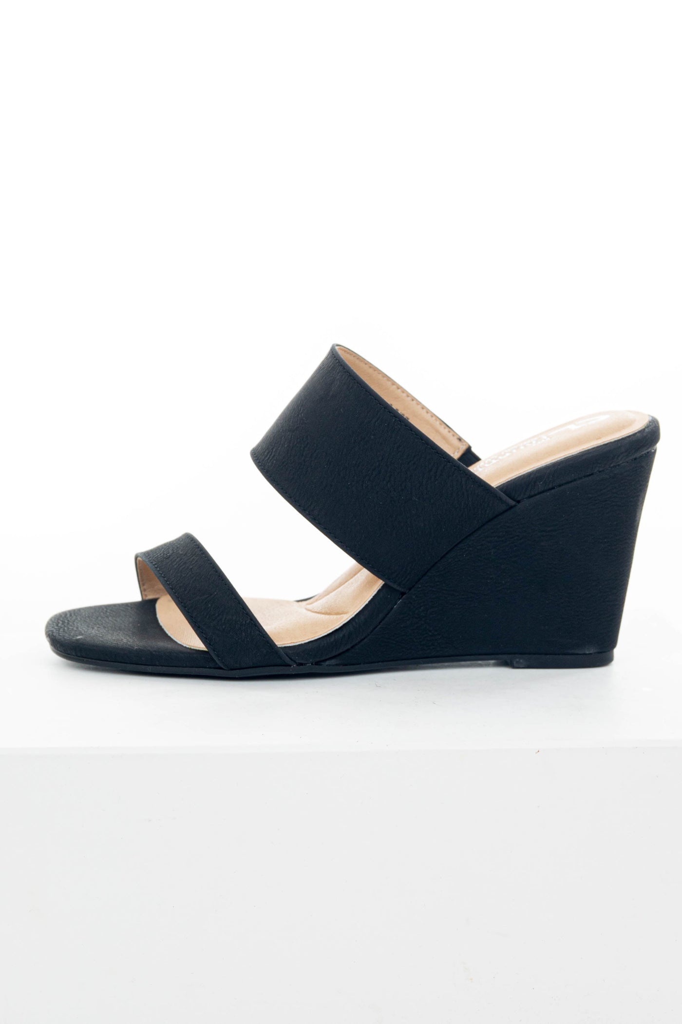 Black Double Strap Slip On Cushioned Wedges