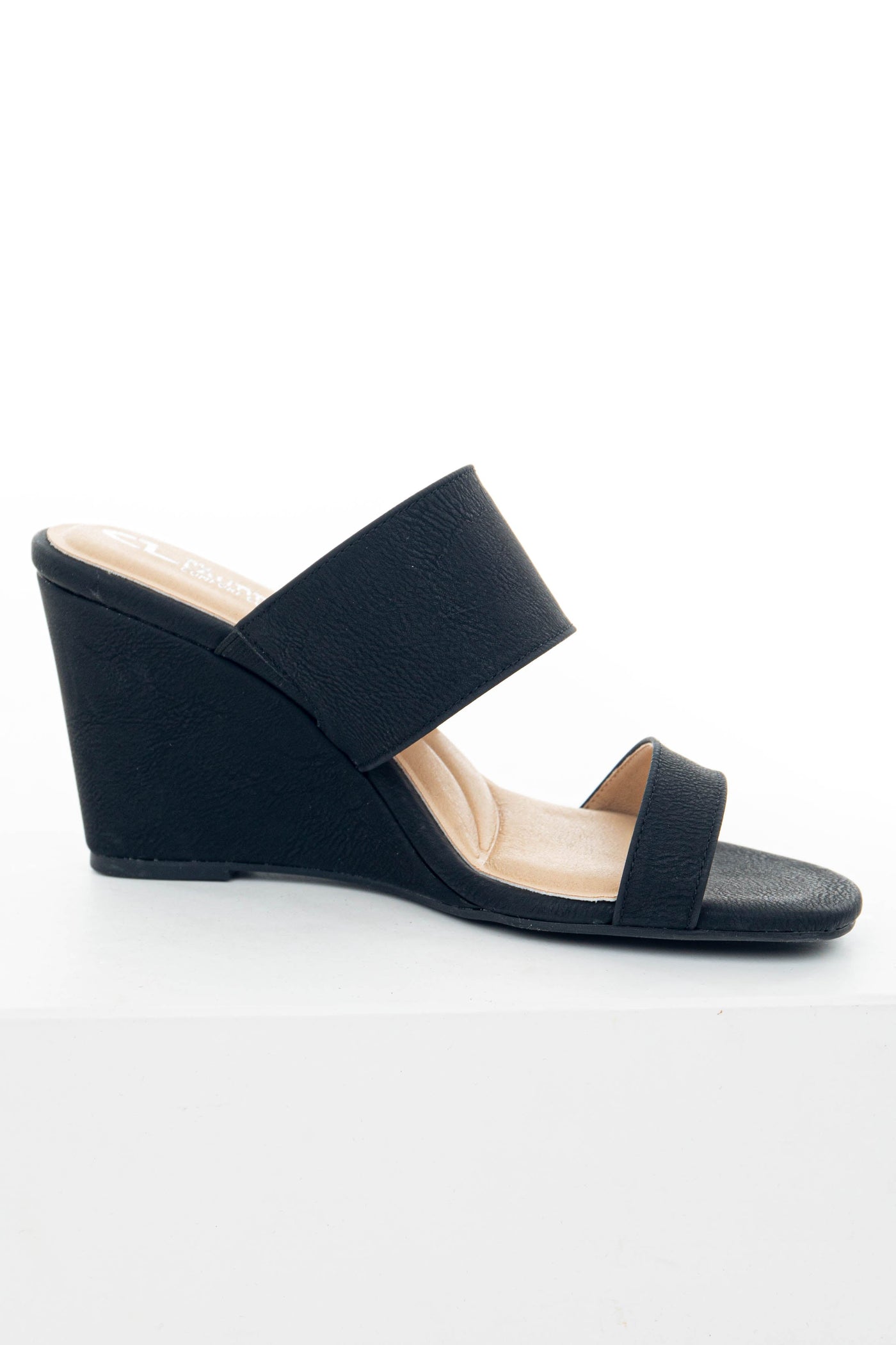 Black Double Strap Slip On Cushioned Wedges