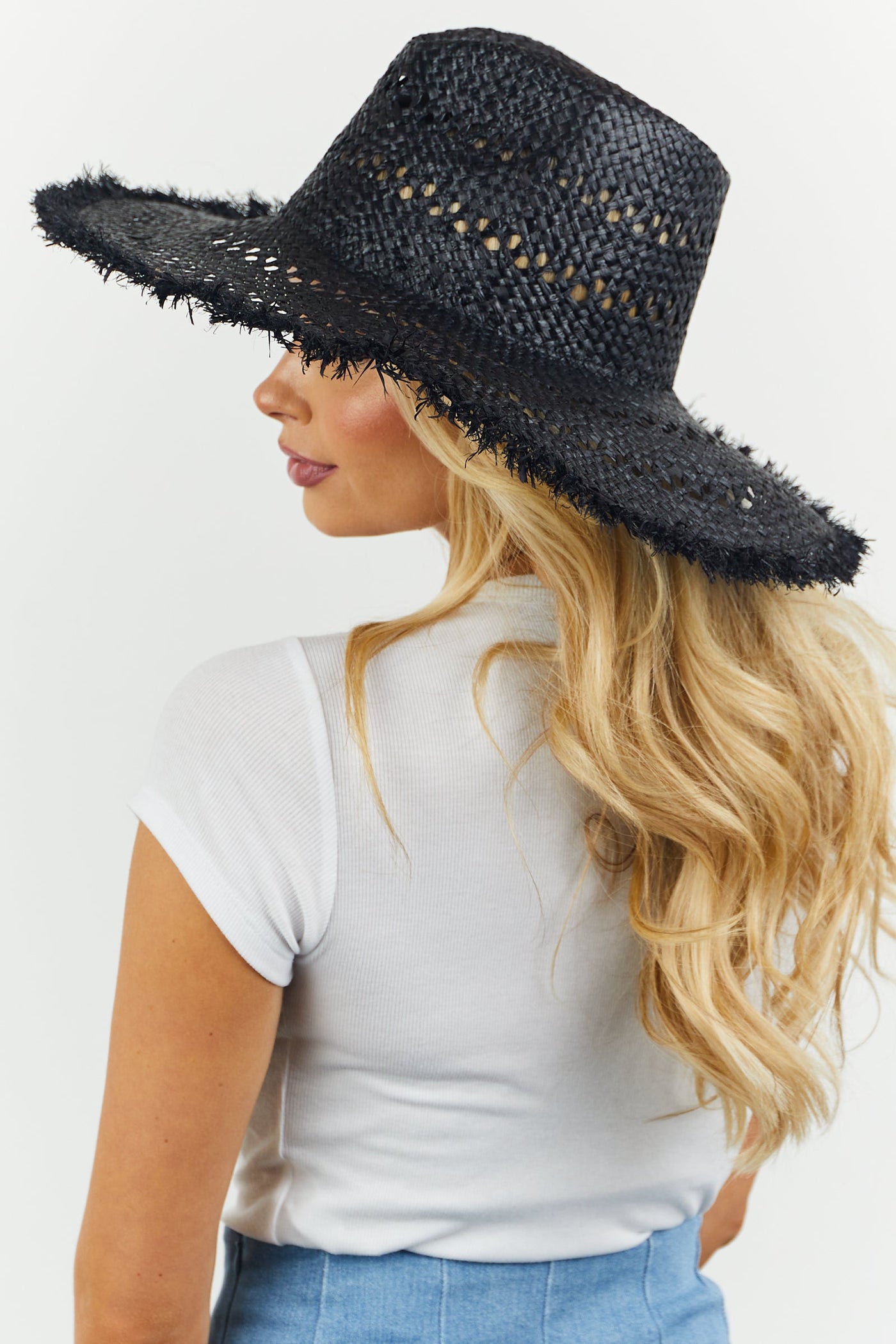 Black Eyelet Frayed Trim Woven Straw Hat