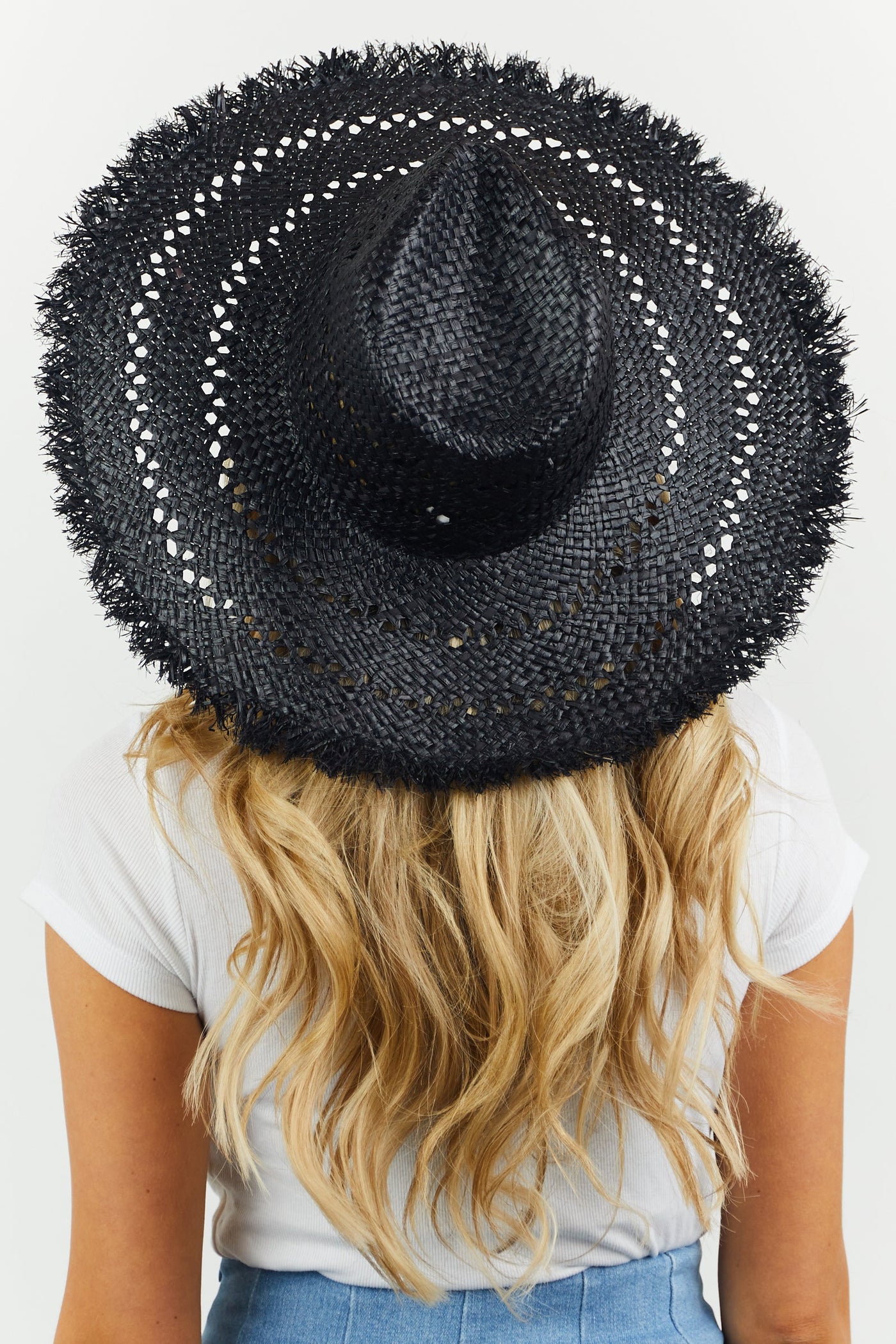 Black Eyelet Frayed Trim Woven Straw Hat