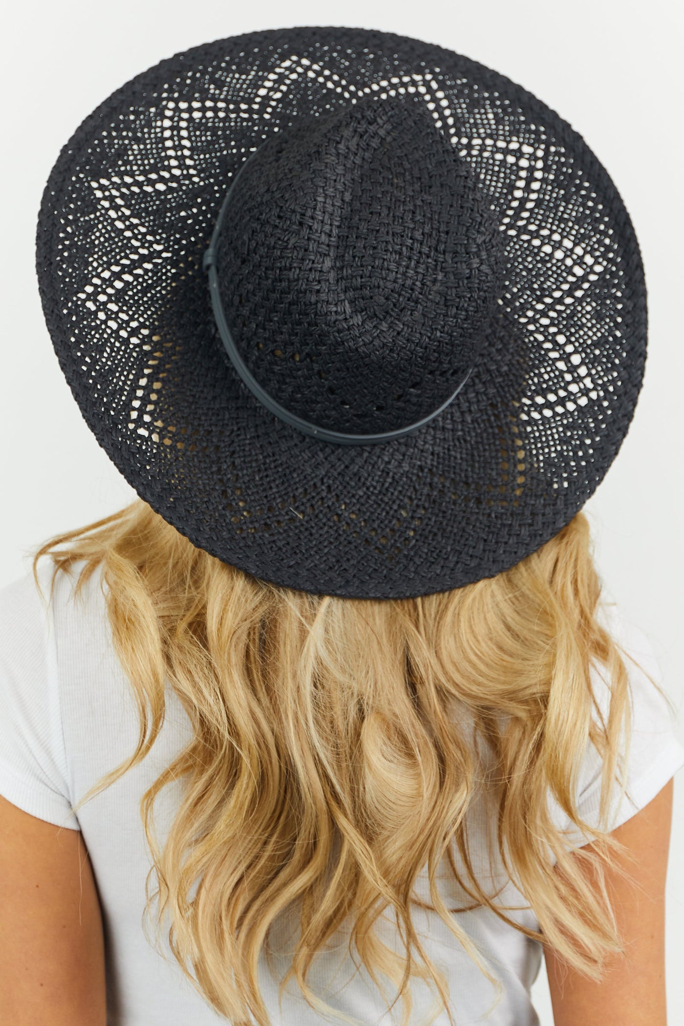 Black Eyelet Straw Panama Hat with Pleather Band