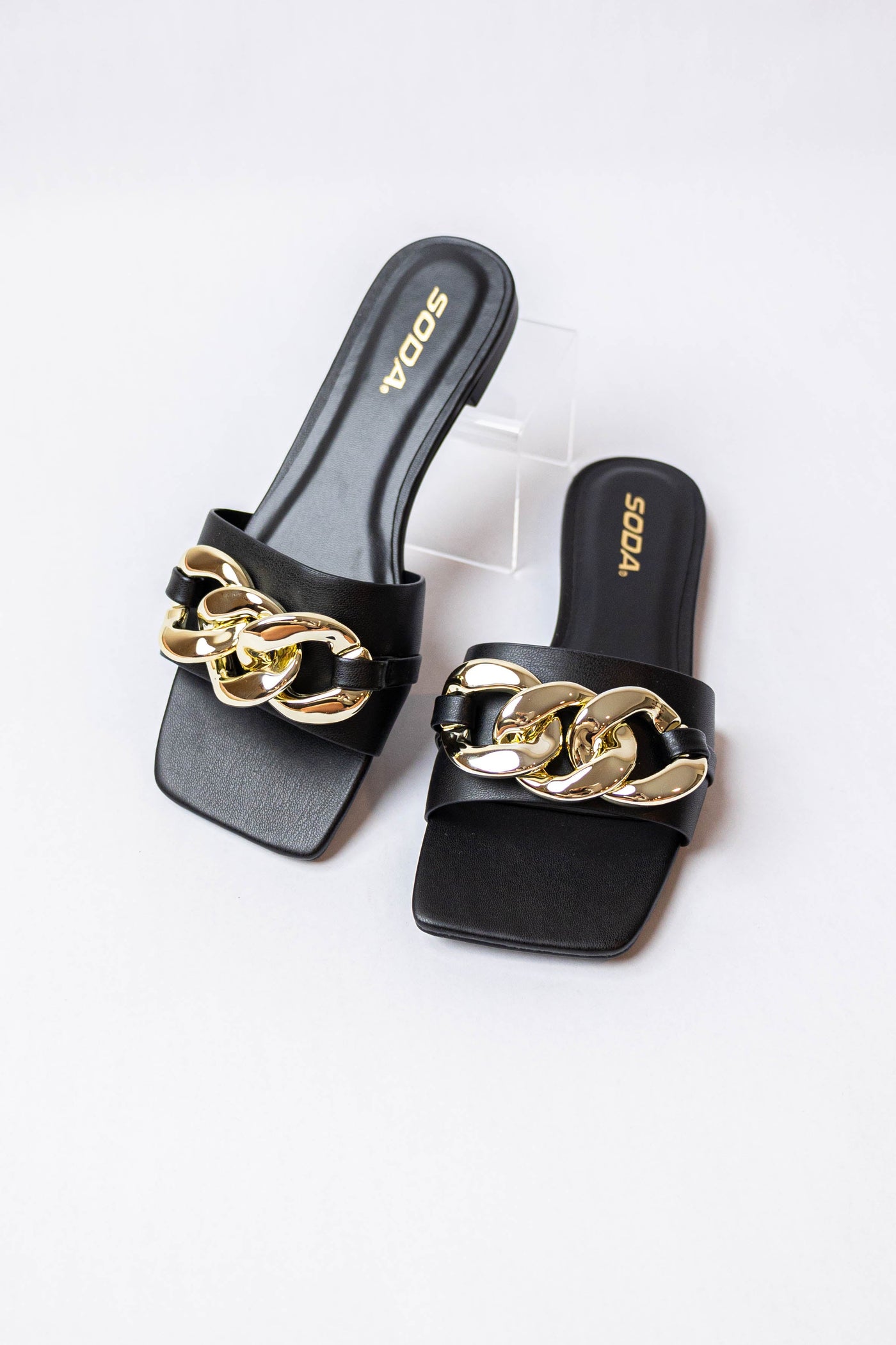 Black Faux Leather Chain Detail Strap Sandals