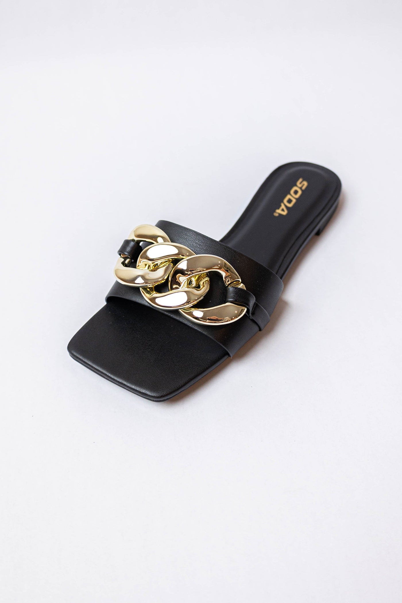 Black Faux Leather Chain Detail Strap Sandals