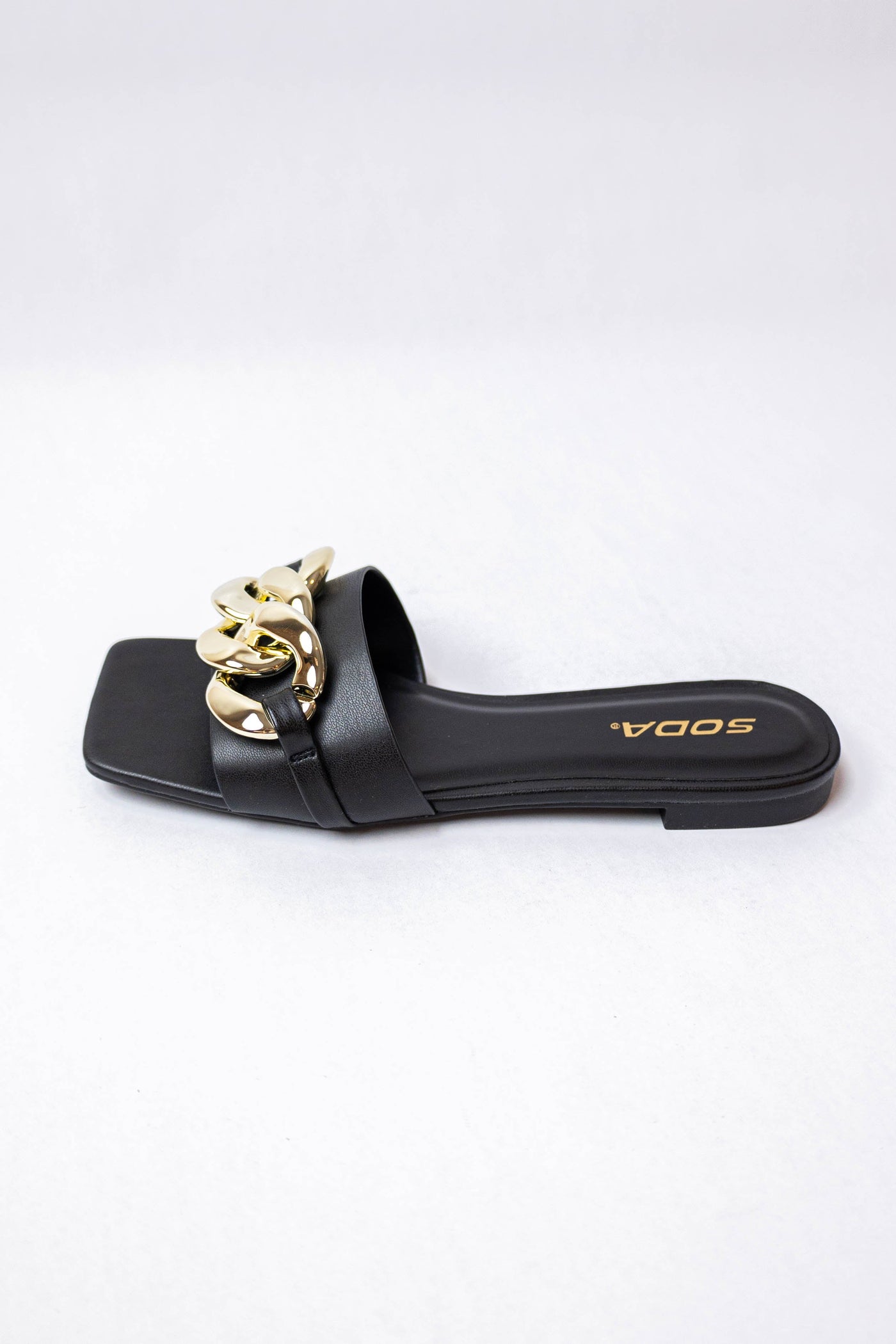 Black Faux Leather Chain Detail Strap Sandals