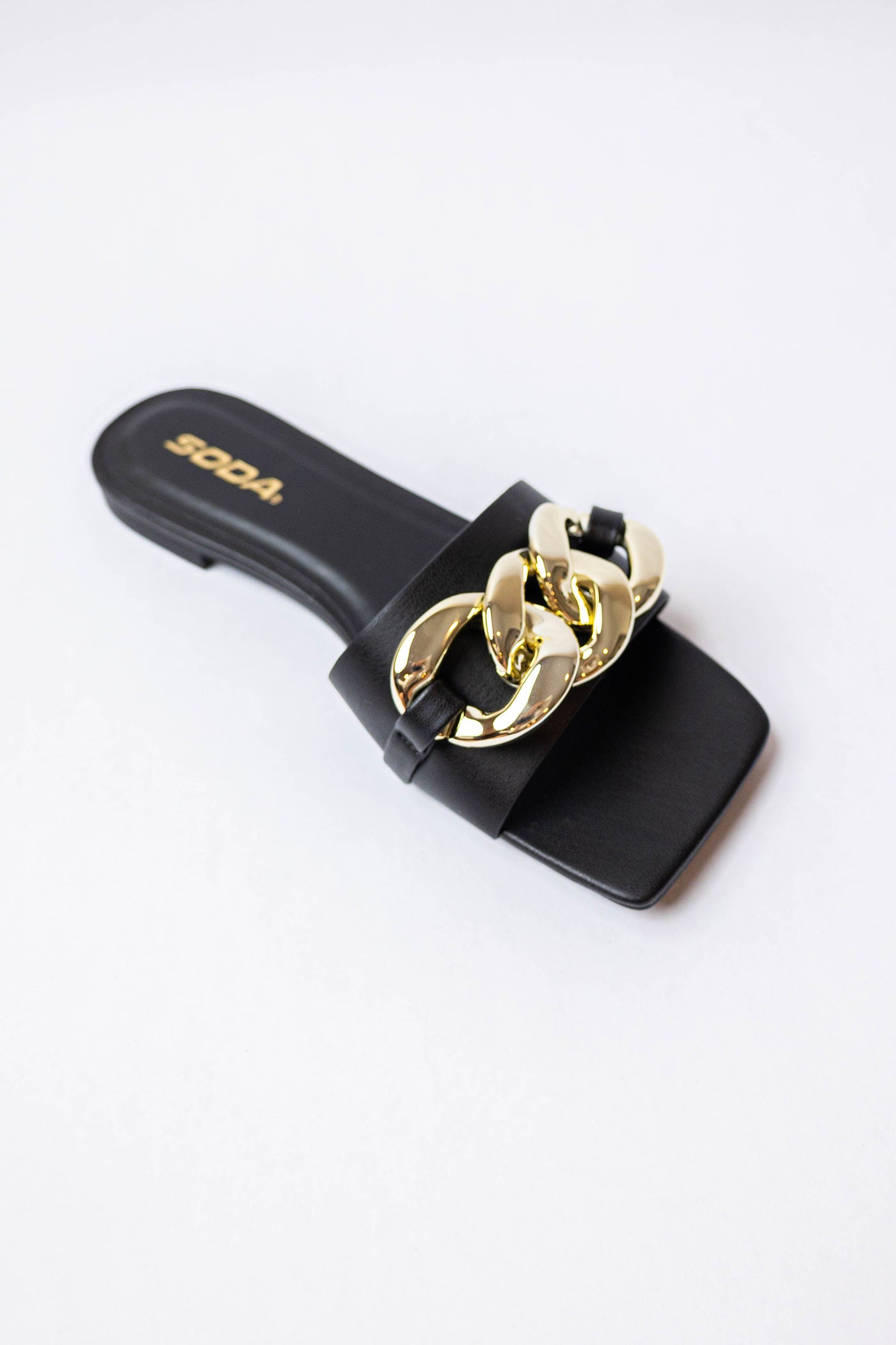 Black Faux Leather Chain Detail Strap Sandals