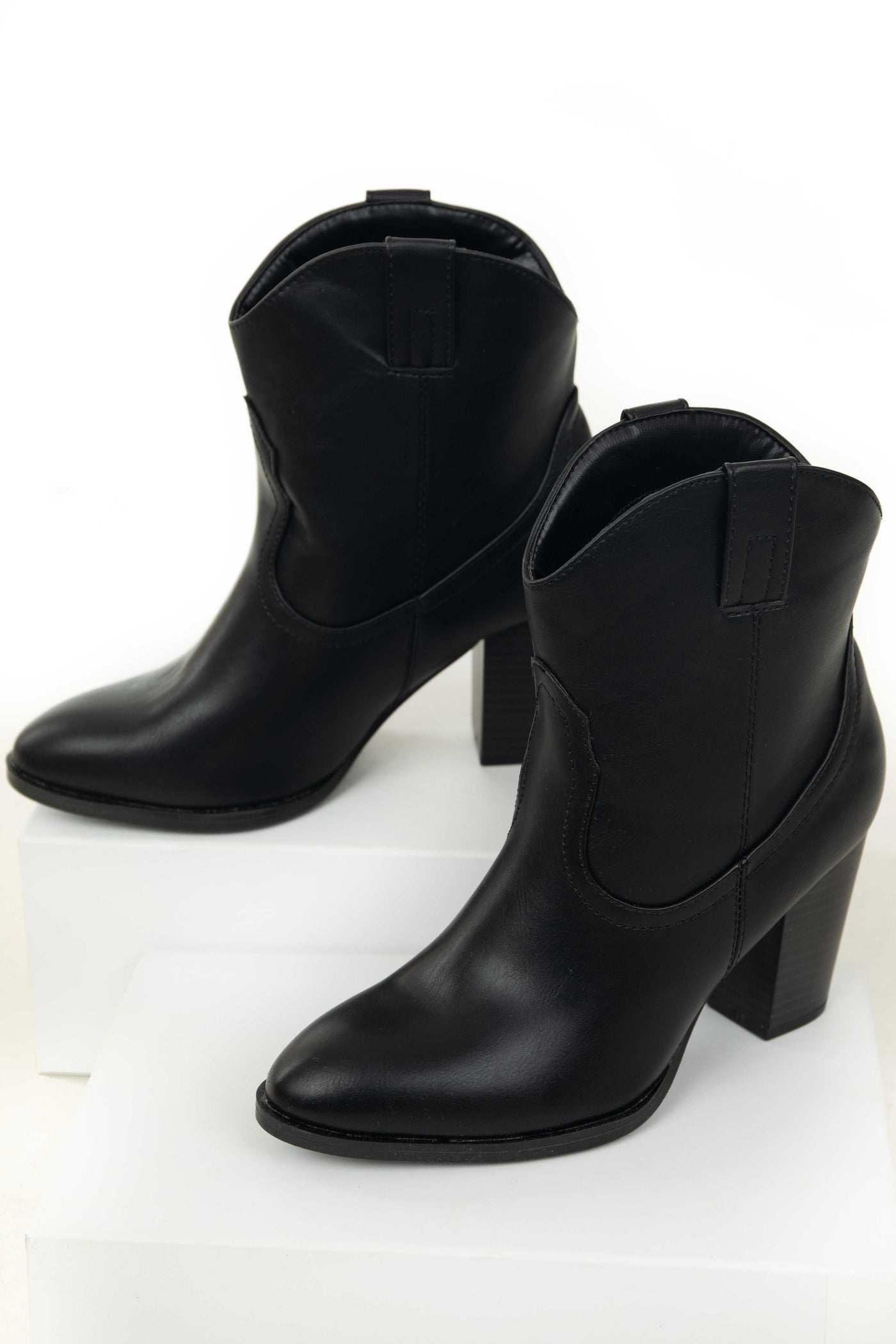 Black Faux Leather Chunky Heel Western Booties