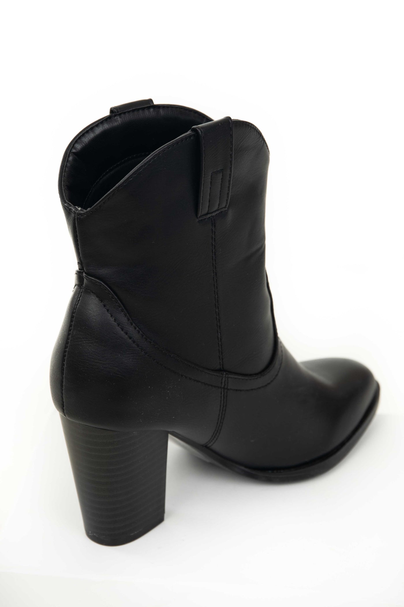 Black Faux Leather Chunky Heel Western Booties