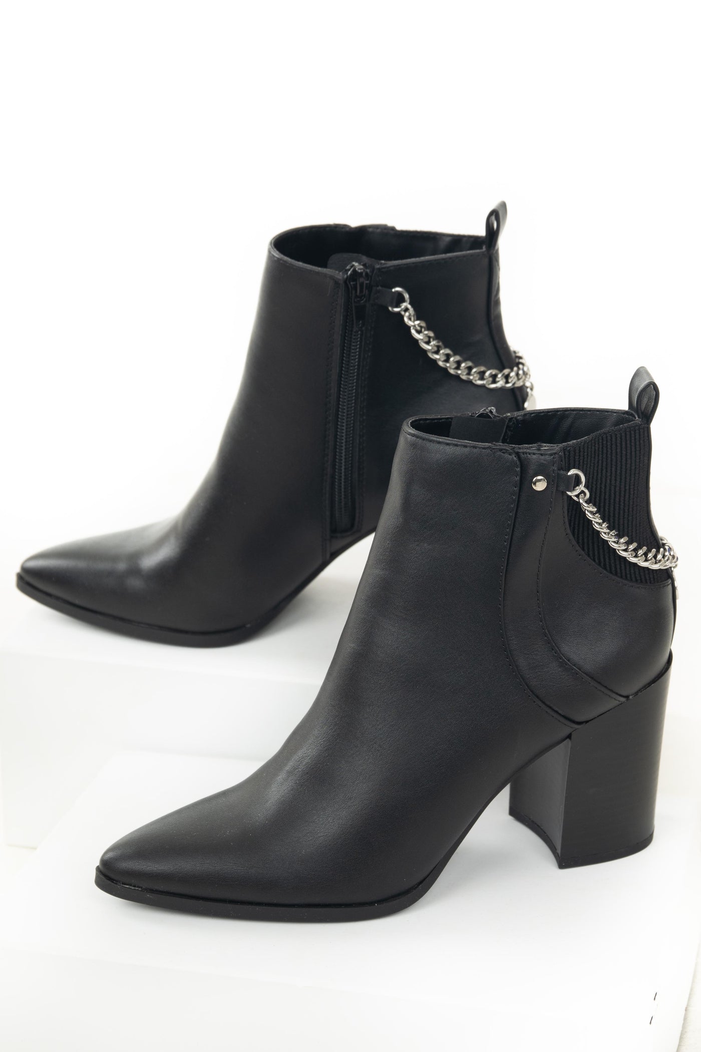 Black Faux Leather High Heel Boots with Chain Detail