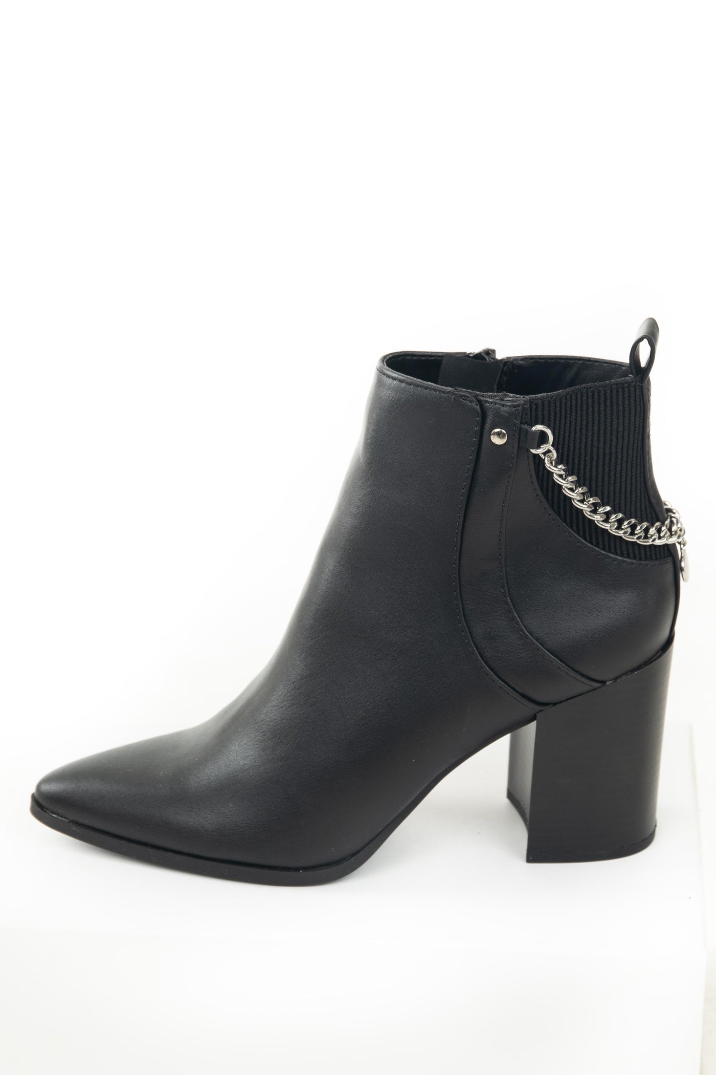 Black Faux Leather High Heel Boots with Chain Detail