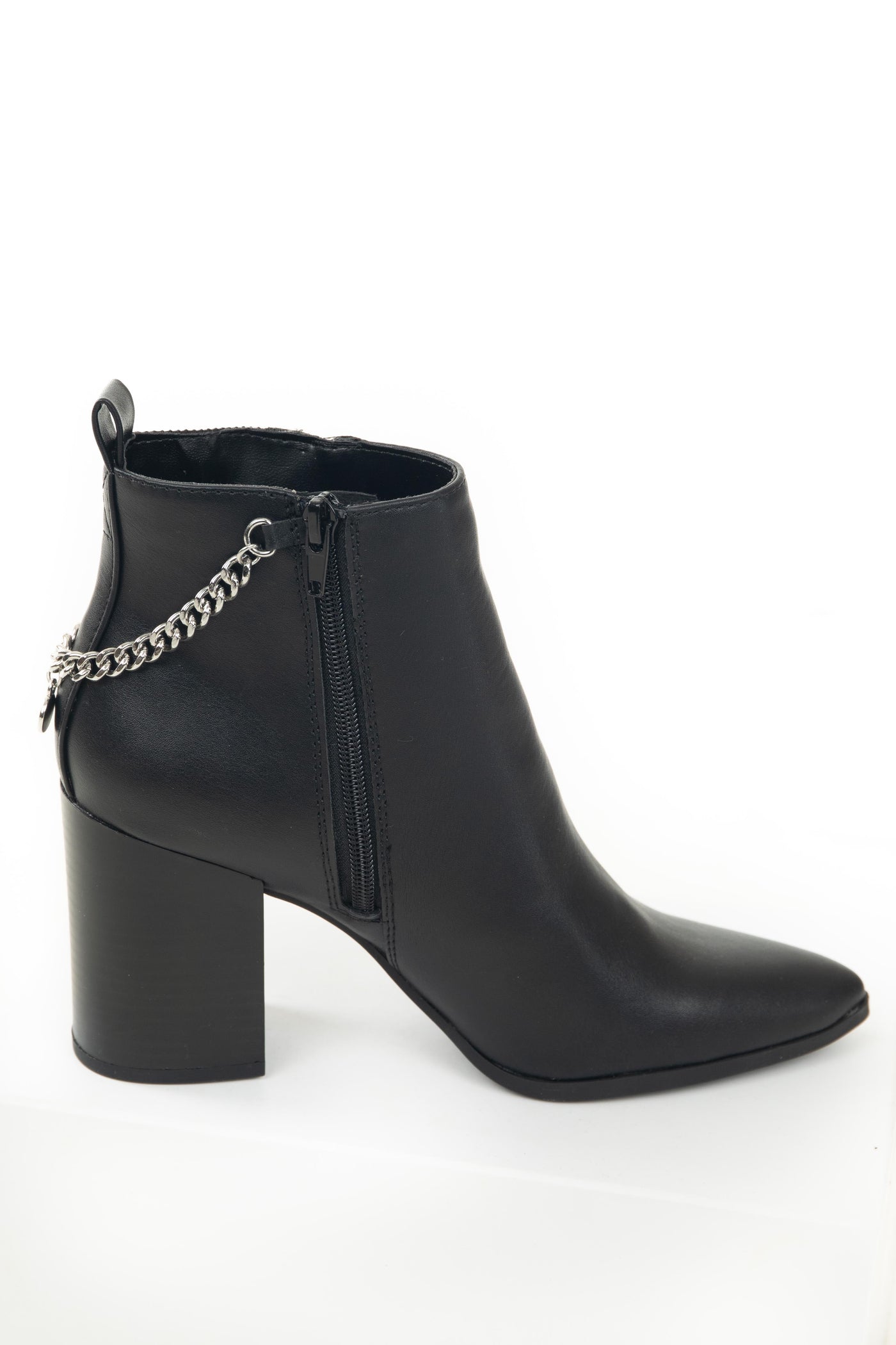 Black Faux Leather High Heel Boots with Chain Detail