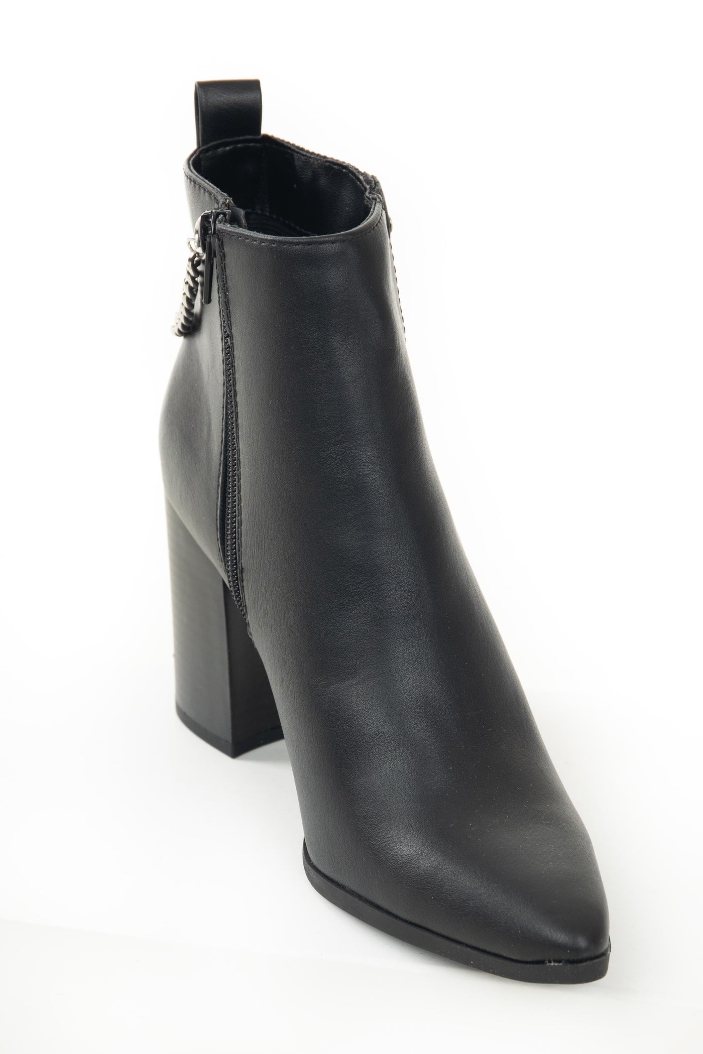 Black Faux Leather High Heel Boots with Chain Detail