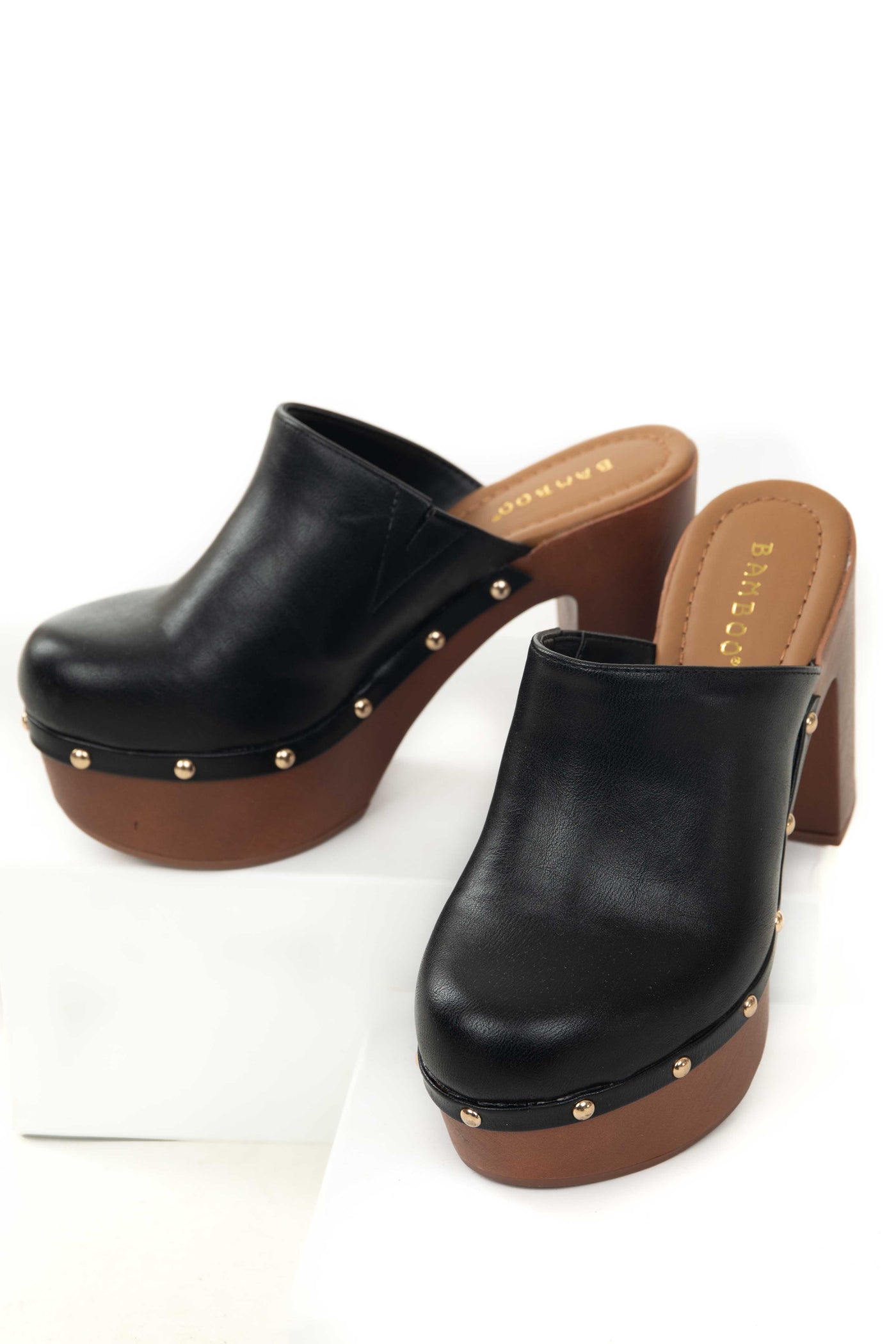 Black Faux Leather Platform Heeled Clogs