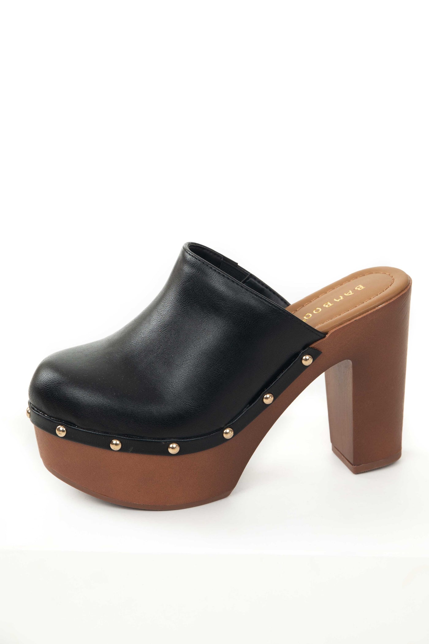 Black Faux Leather Platform Heeled Clogs