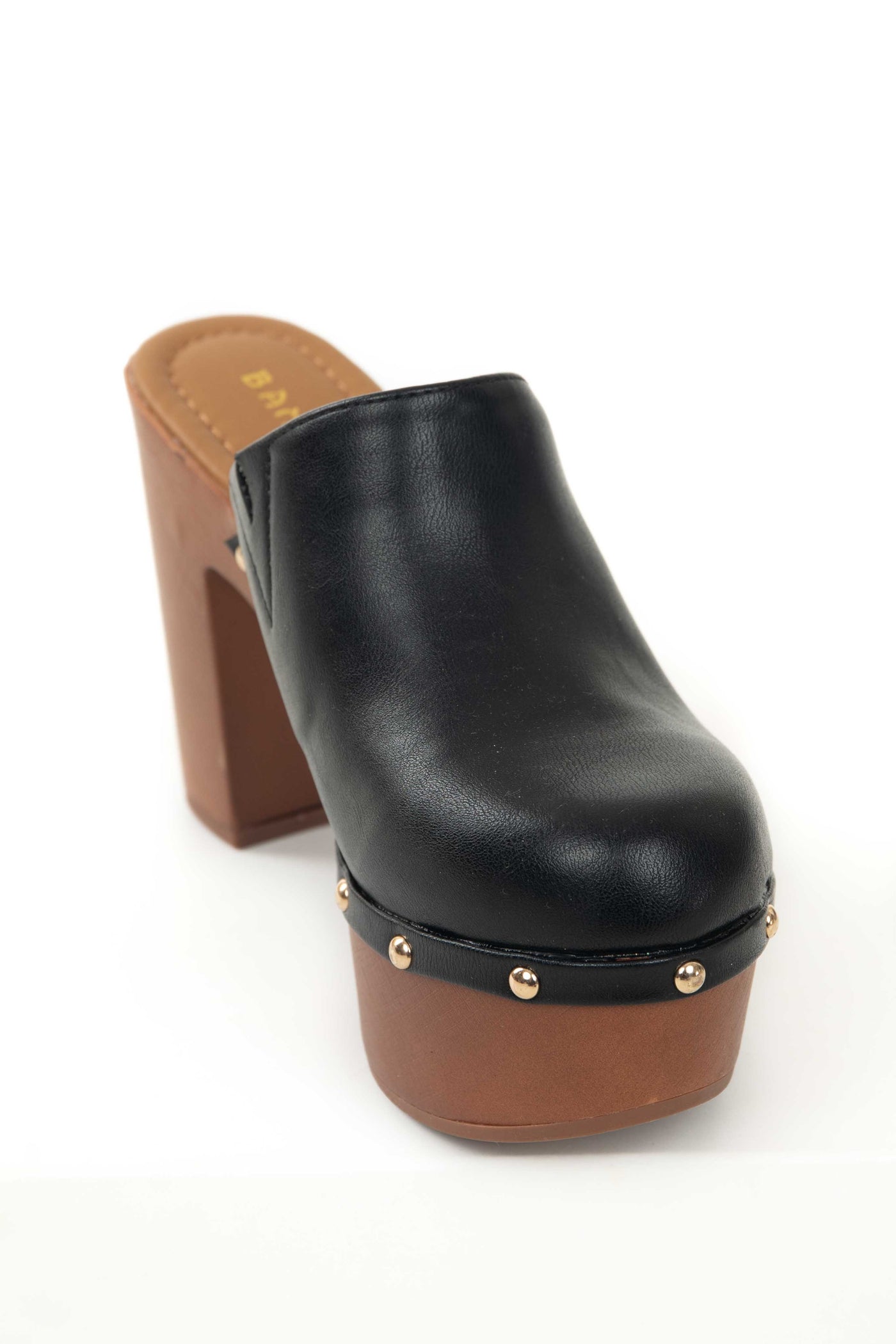 Black Faux Leather Platform Heeled Clogs