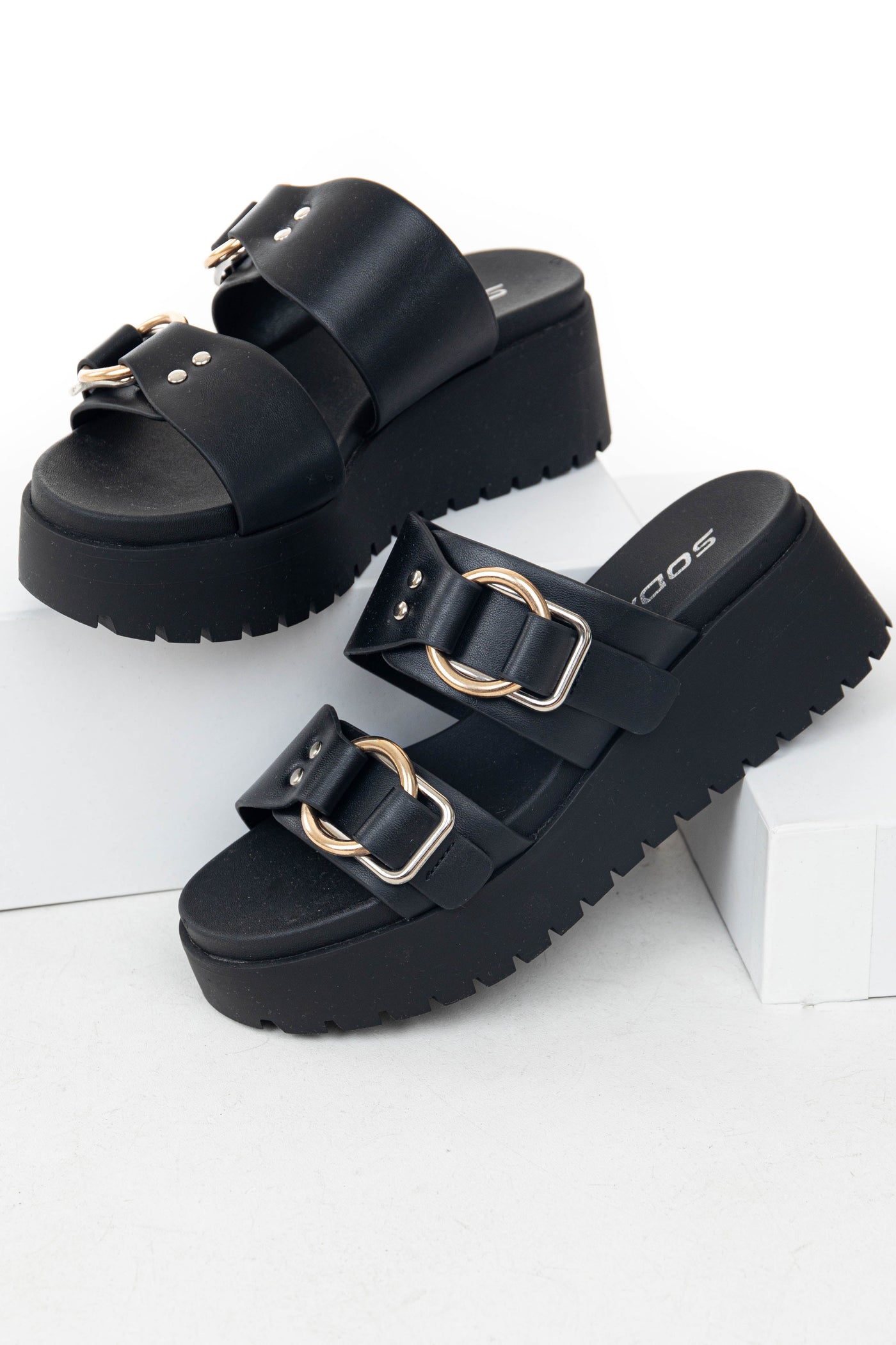 Black Faux Leather Platform Sandals with Buckles