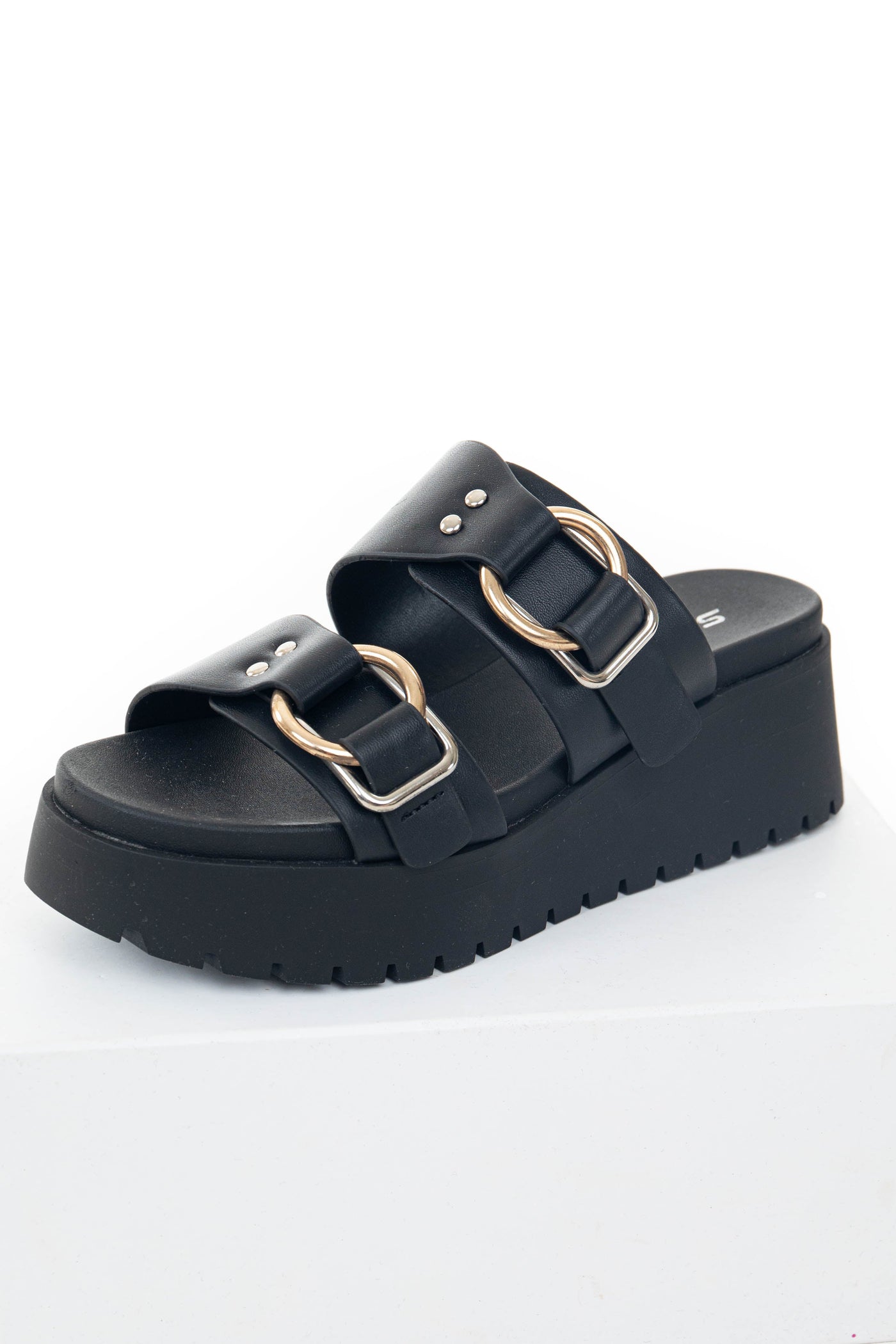 Black Faux Leather Platform Sandals with Buckles