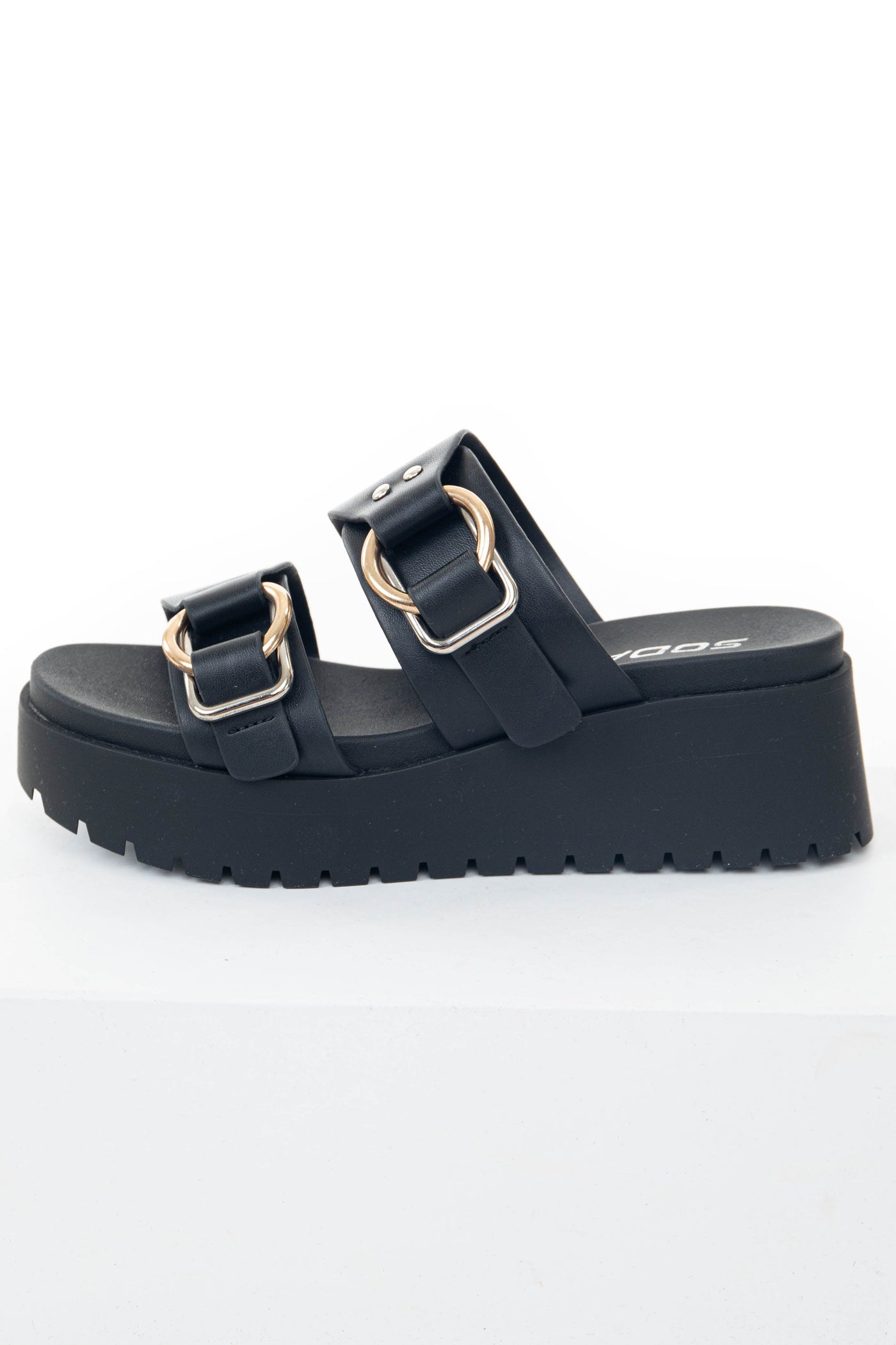 Black Faux Leather Platform Sandals with Buckles