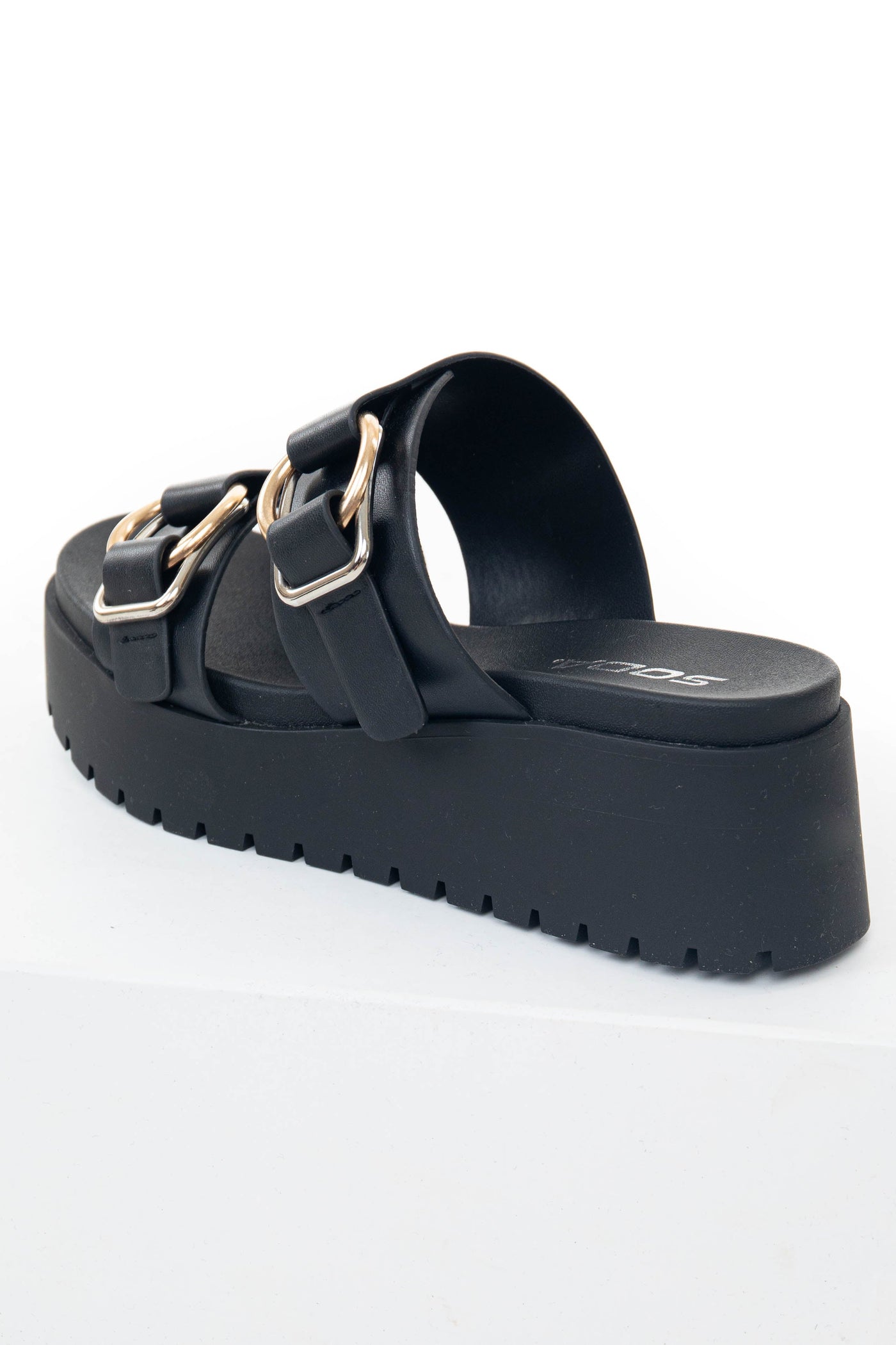Black Faux Leather Platform Sandals with Buckles
