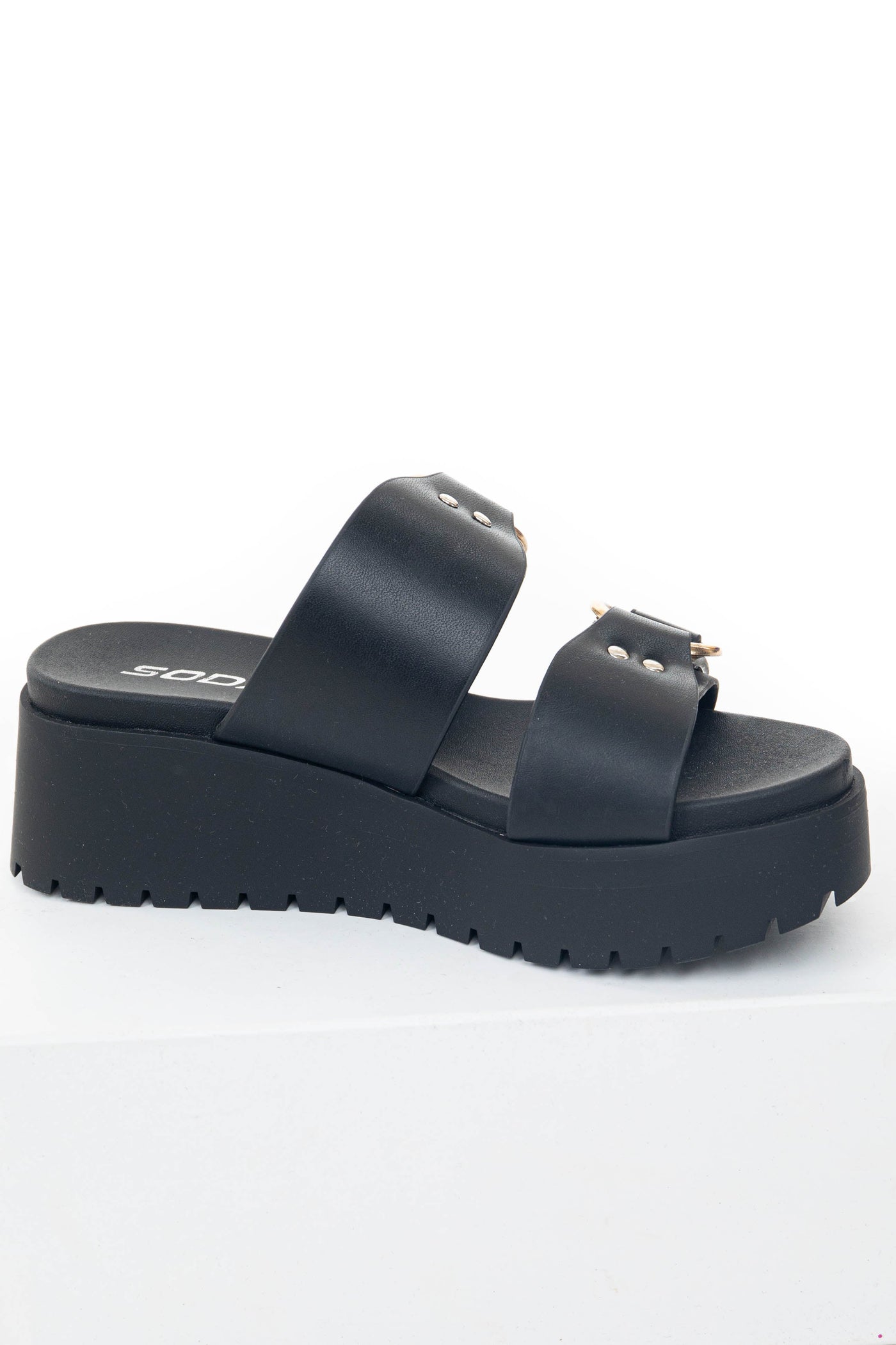 Black Faux Leather Platform Sandals with Buckles