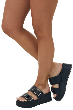 Black Faux Leather Platform Sandals with Buckles