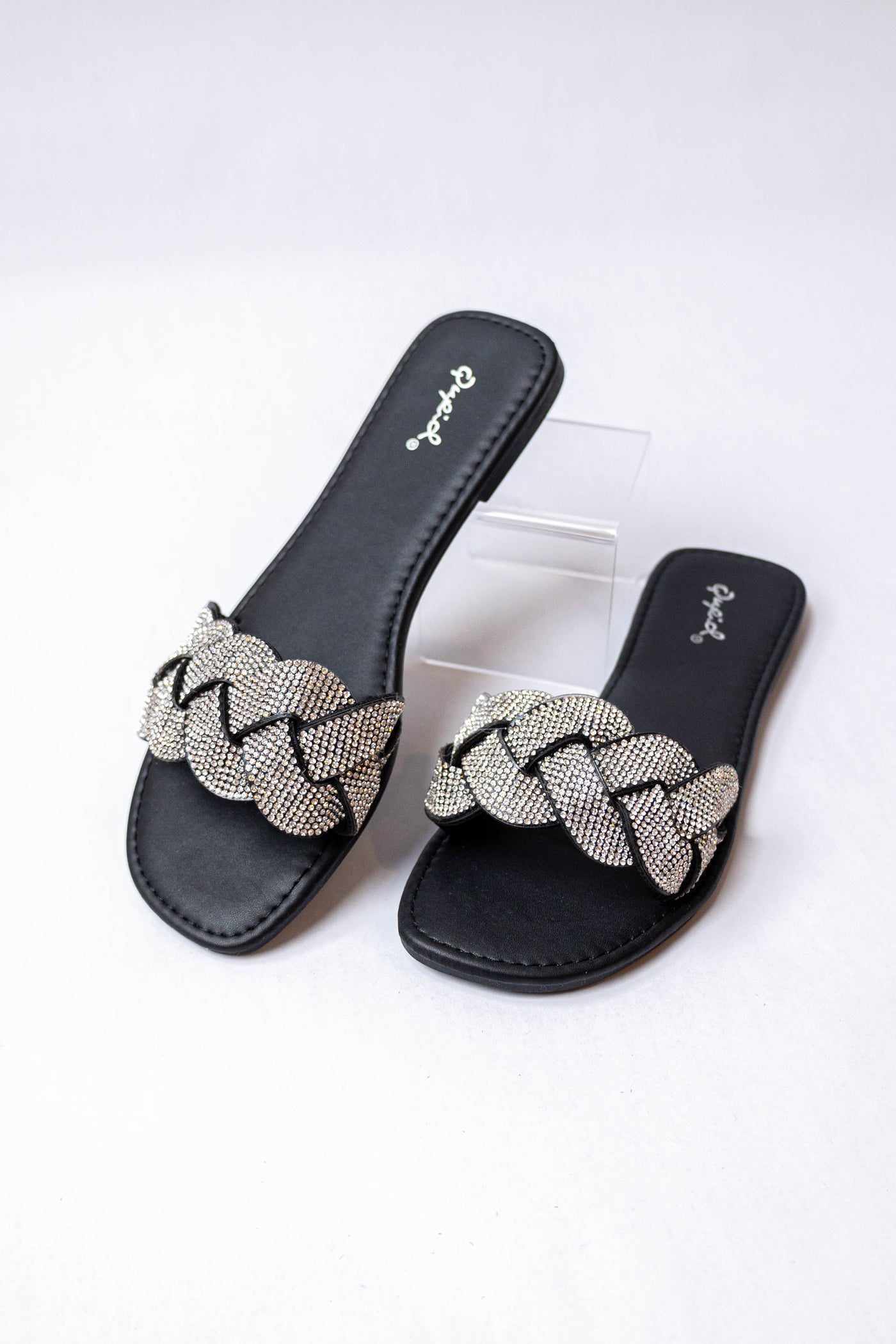 Black Faux Leather Rhinestone Braided Sandal