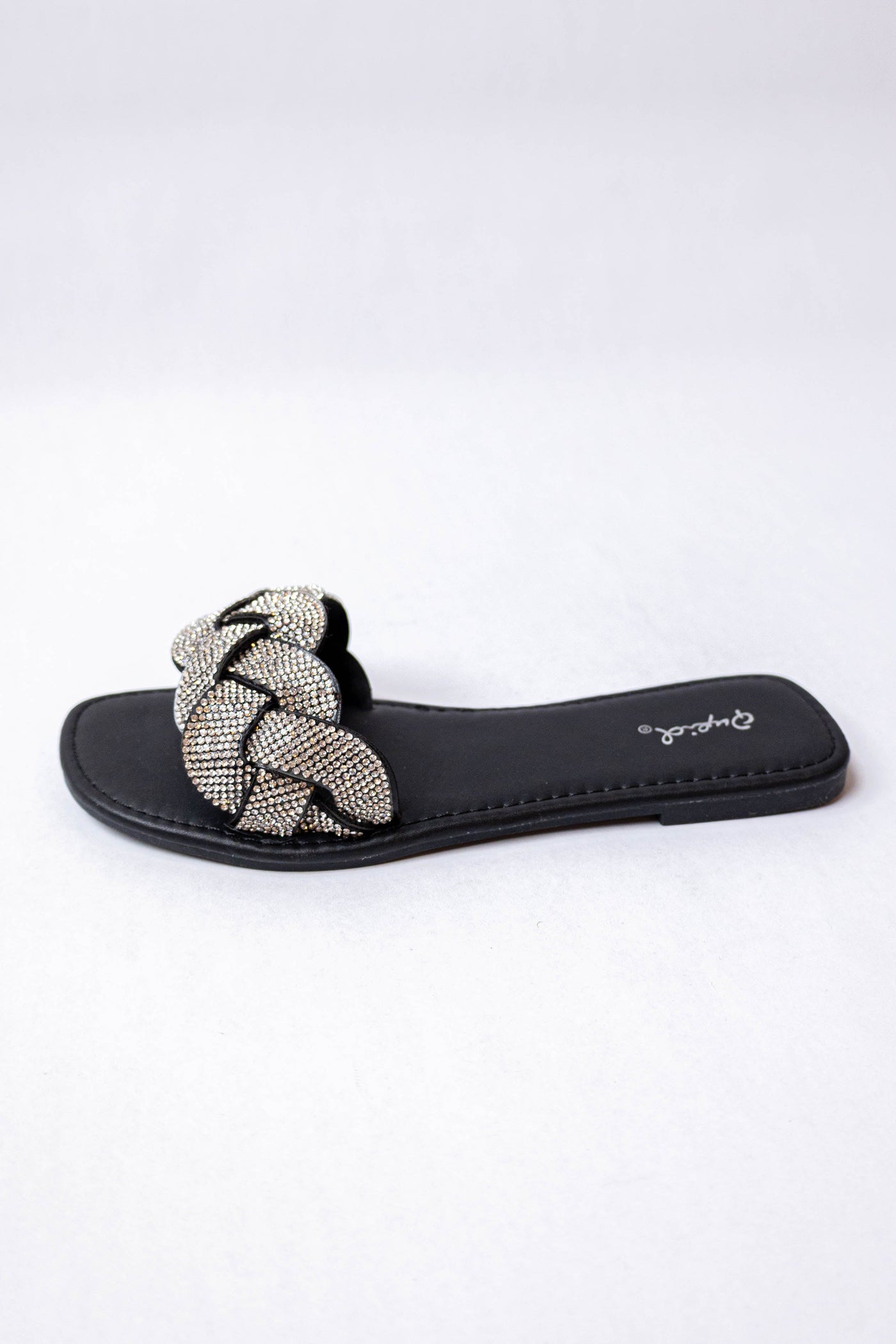 Black Faux Leather Rhinestone Braided Sandal
