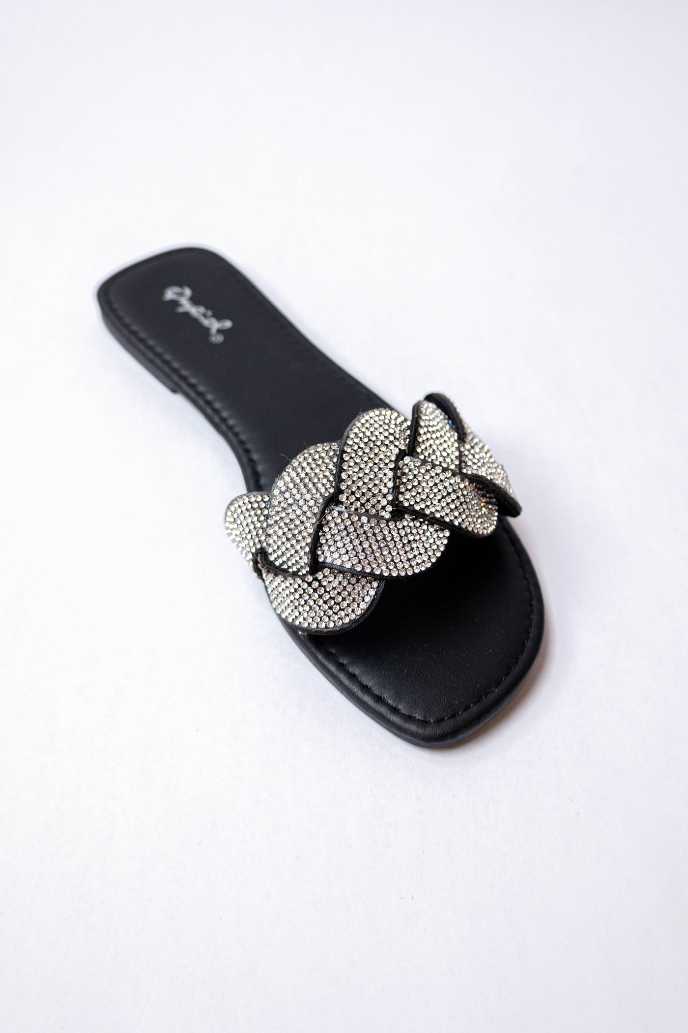 Black Faux Leather Rhinestone Braided Sandal