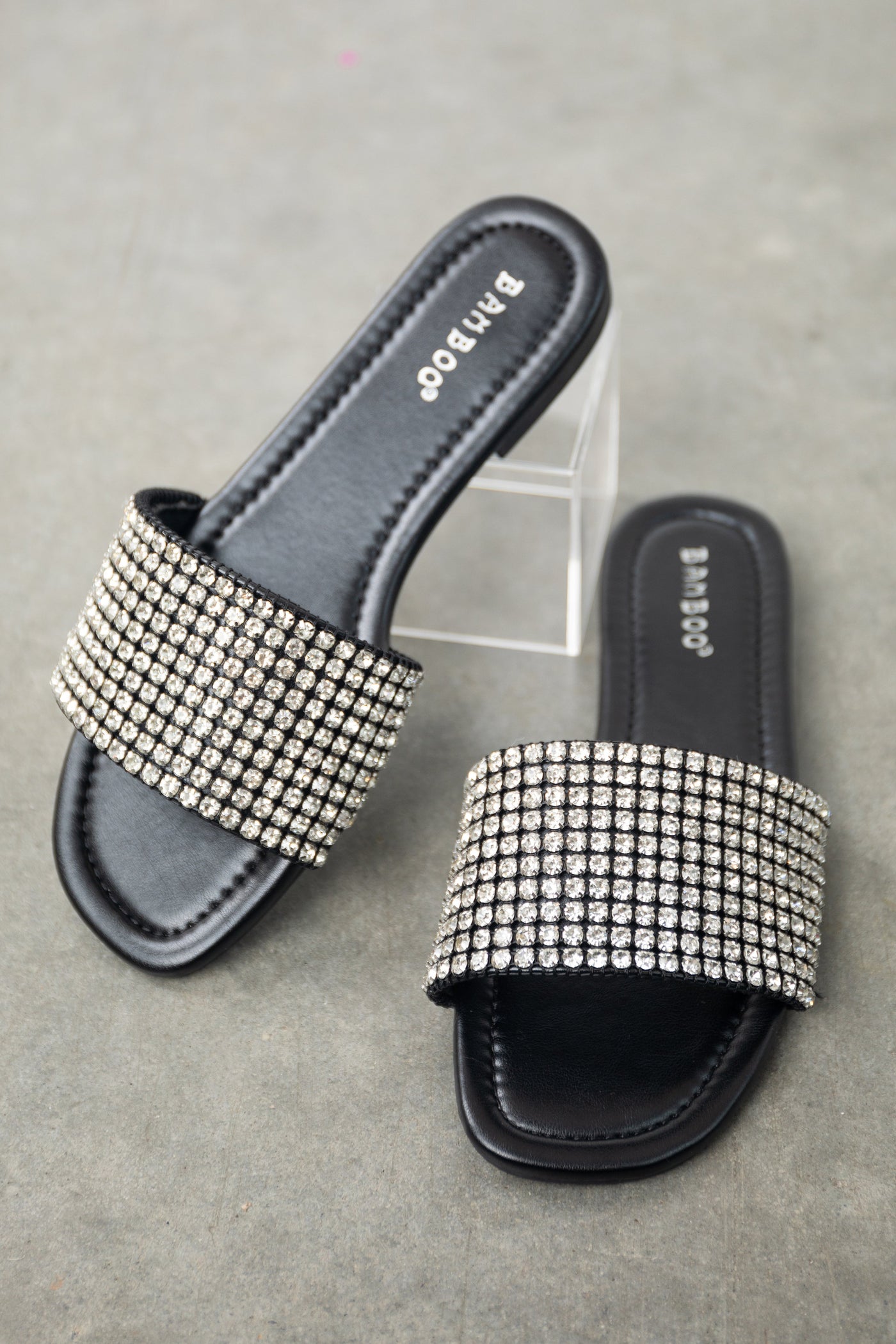 Black Faux Leather Rhinestone Slip On Sandals