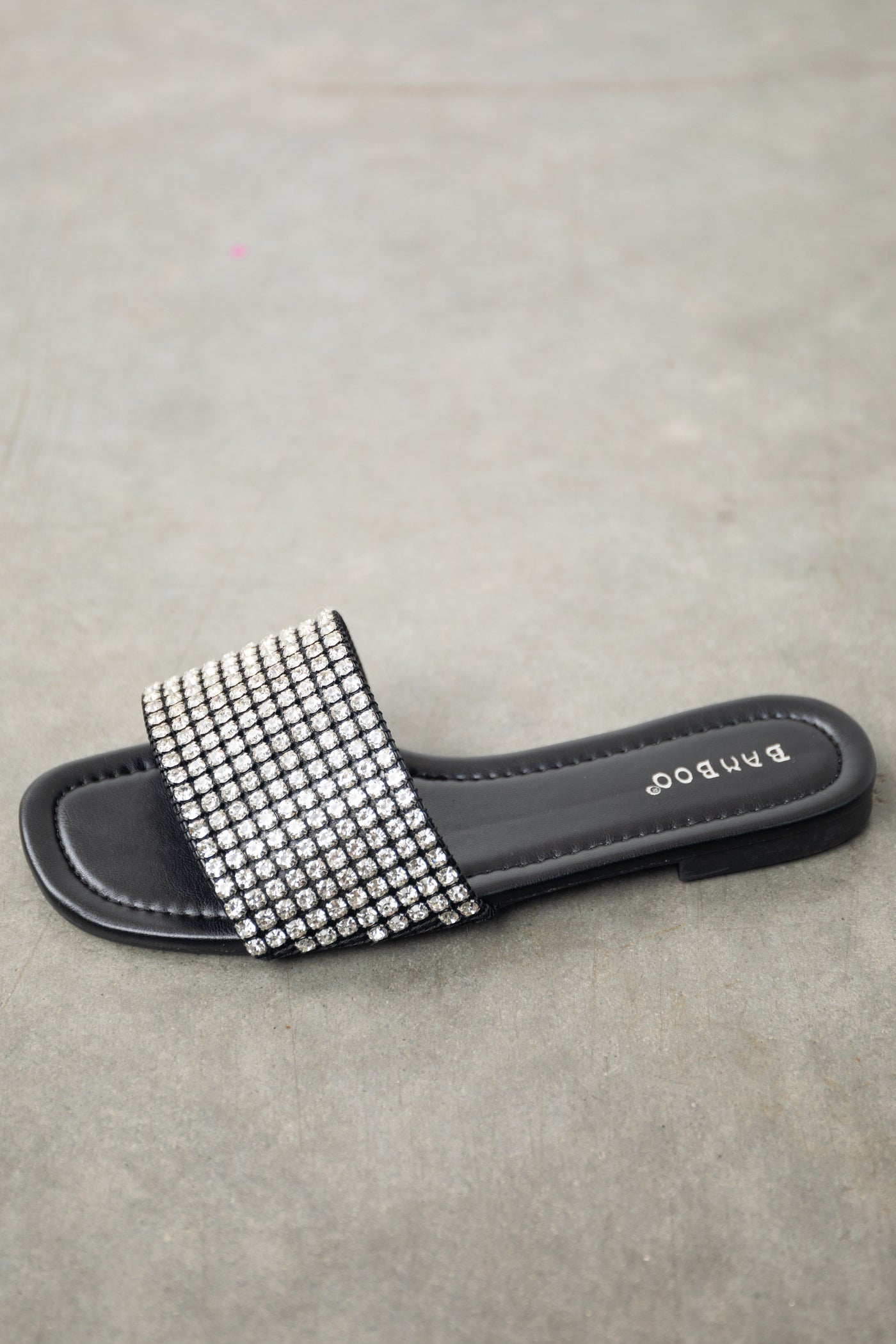 Black Faux Leather Rhinestone Slip On Sandals