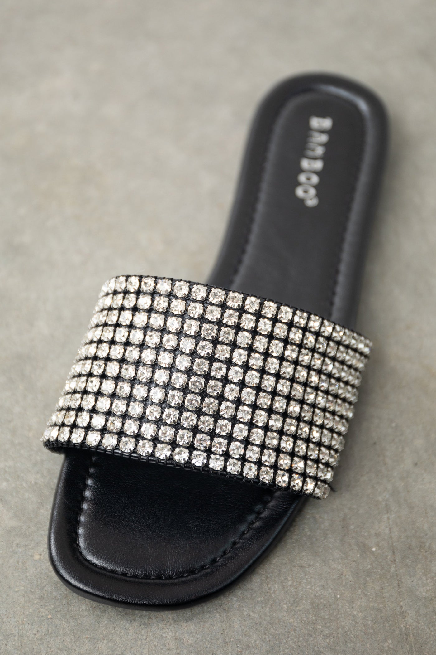 Black Faux Leather Rhinestone Slip On Sandals