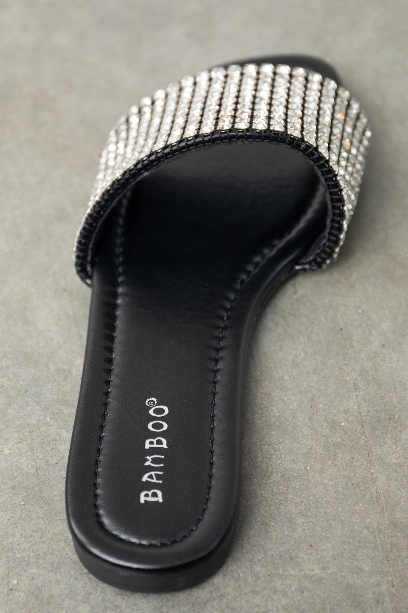 Black Faux Leather Rhinestone Slip On Sandals