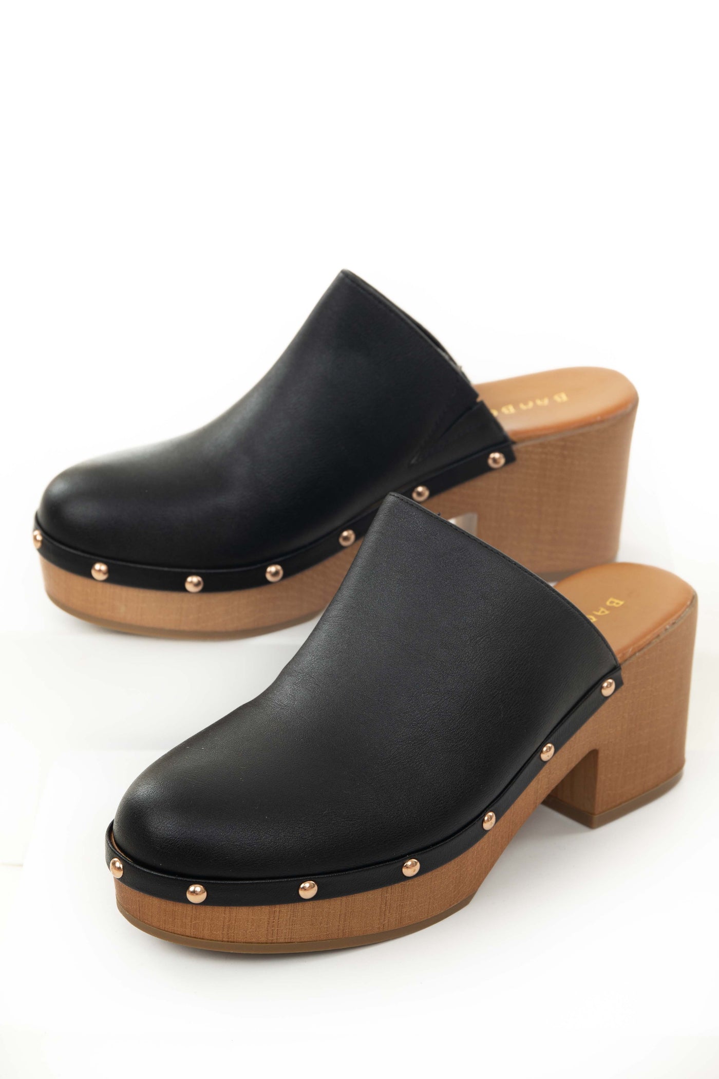 Black Faux Leather Rounded Toe Studded Clogs